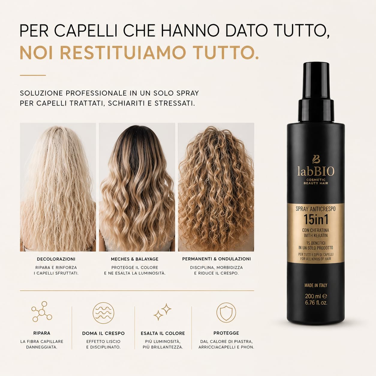 Spray Anticrespo senza risciacquo con keratin 200ml,Districante e Riparatore per Capelli Danneggiati, Protezione Calore, Ideale Dopo Mare e Sole e Anti Umidità, Effetto Lucido e Setoso
