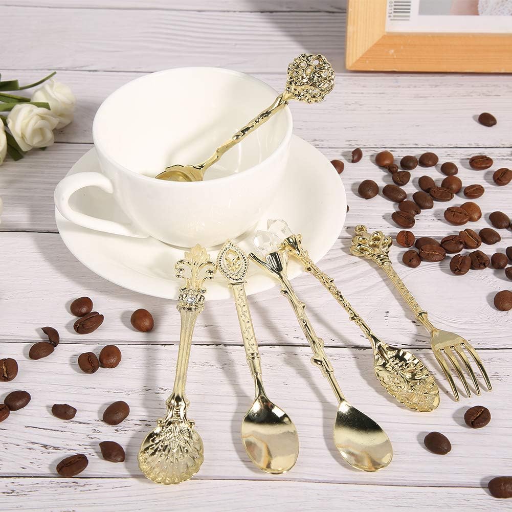 Fdit 6Pcs/Set Vintage Carved Coffee Spoon Teaspoon Retro Zinc Alloy Dessert Coffee Tableware Spoons Cutlery Kitchen(Gold)