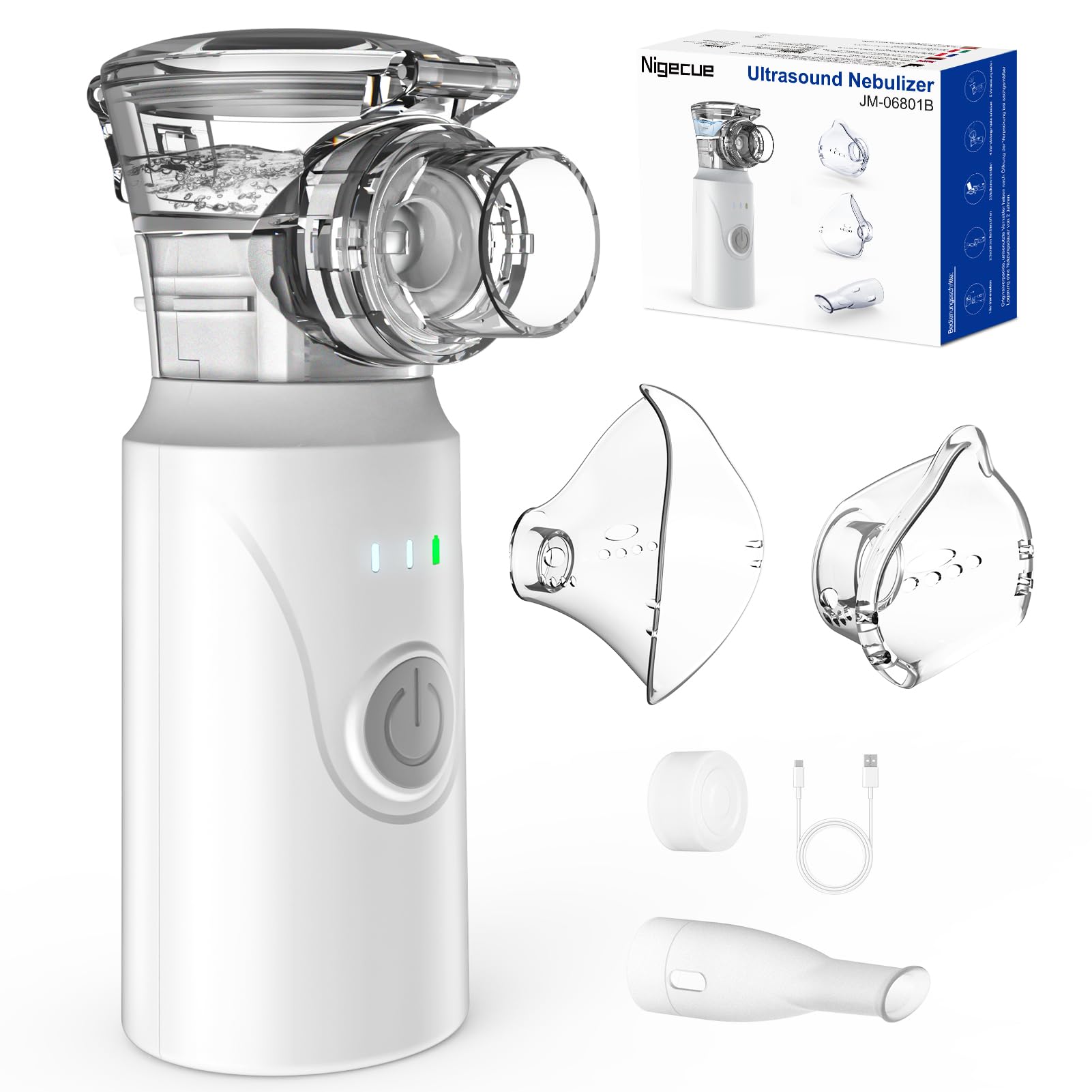 Nigecue Inhalationsgerät Tragbar Vernebler Set Leises Inhalator Verneblergerät mit Mundstück und 2 Maske, USB Wiederaufladbar
