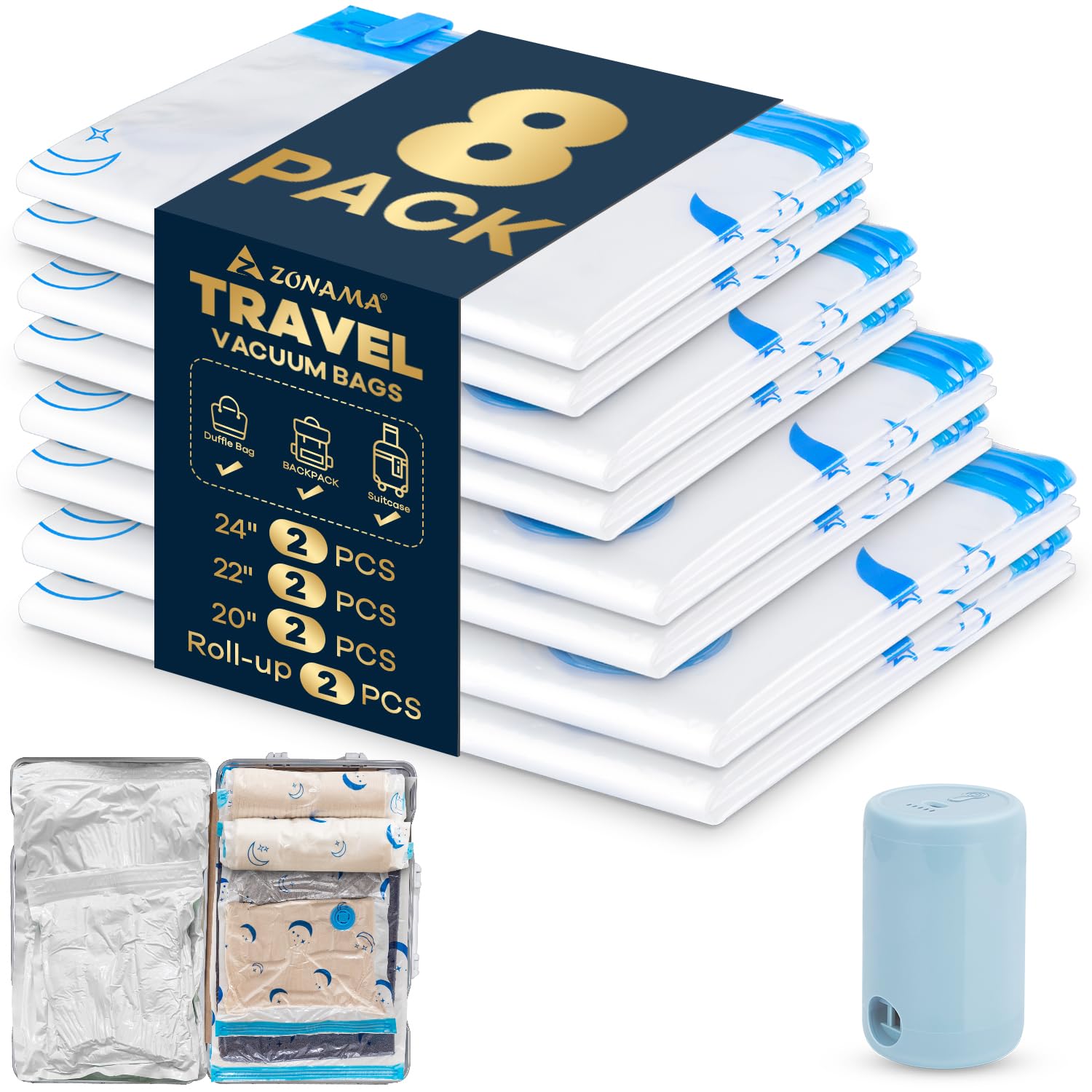 Vacuum Storage Bags with Electric Pump, 8 Pack Vacuum Sealed Bag with 1500mAh Rechargeable Battery for Clothes, Blanket, Duvets, Pillows, Comforters, Travel