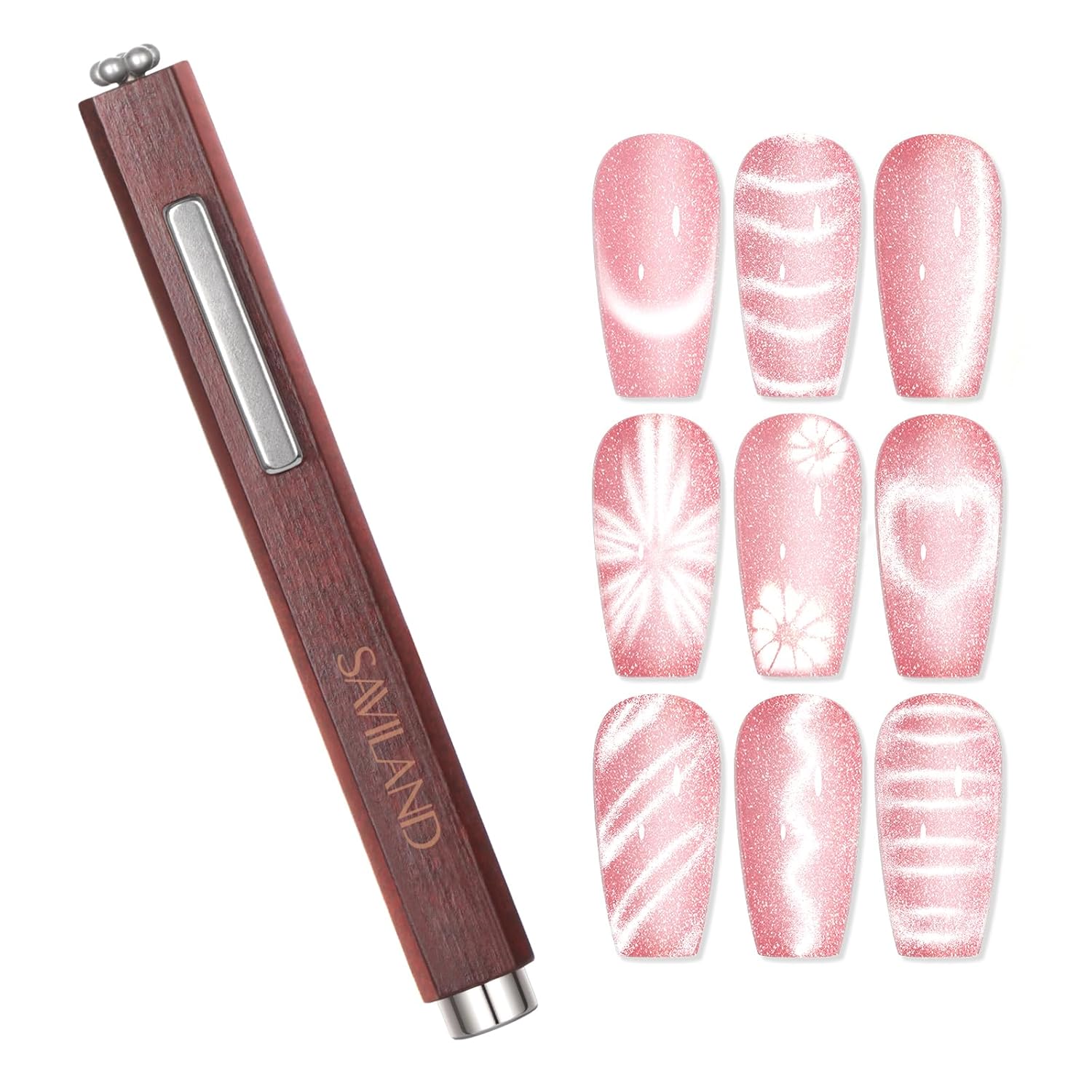 SAVILAND Essentials Cat Eye Magnetic for Nail: 3-in-1 Brown Cat Eye Gel Nail Polish N35 Neodymium Round Long Strip Magnet Wand Stick Diverse Effect Double Ended Nail Salon Design Tools Set Accessories