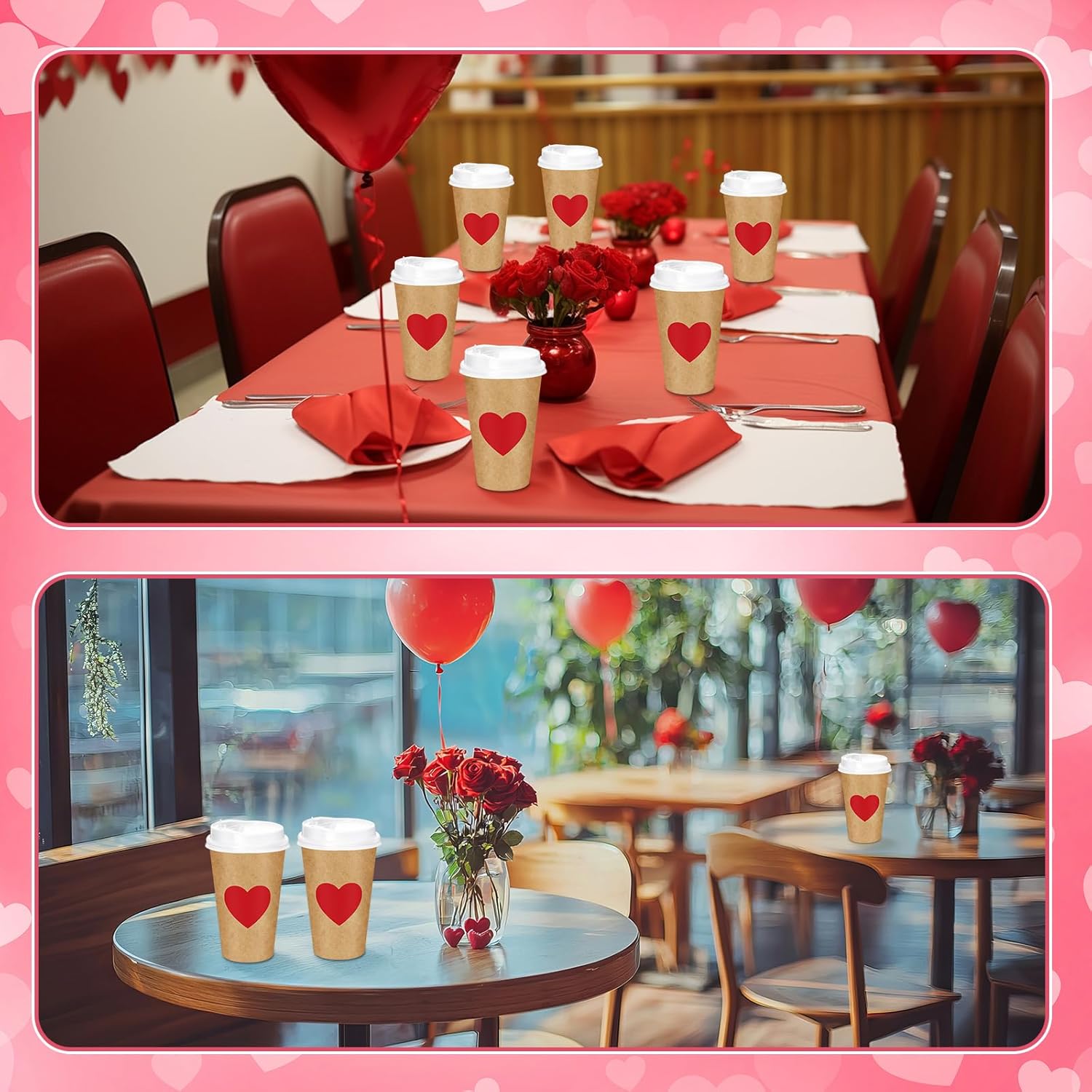 Remerry 100 Pcs 12 oz Valentine's Day Disposable Coffee Cups with Lids, Red Heart Coffee Cups Valentines Craft Paper Beverage Hot Chocolate Container for Birthday Wedding Anniversary Party Supplies - Image 4