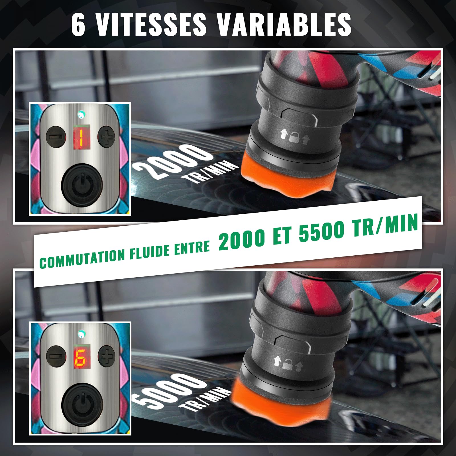 BATOCA S5 Mini Polisseuse Voiture Sans Fil Polisseuse Orbitale et Rotative | Pour Voiture Kit Polissage Voiture Kit de Disques de Polissage 25/50/75mm lot de 2 Batteries 12V 6 Vitesses 2000 à 5500tr/min