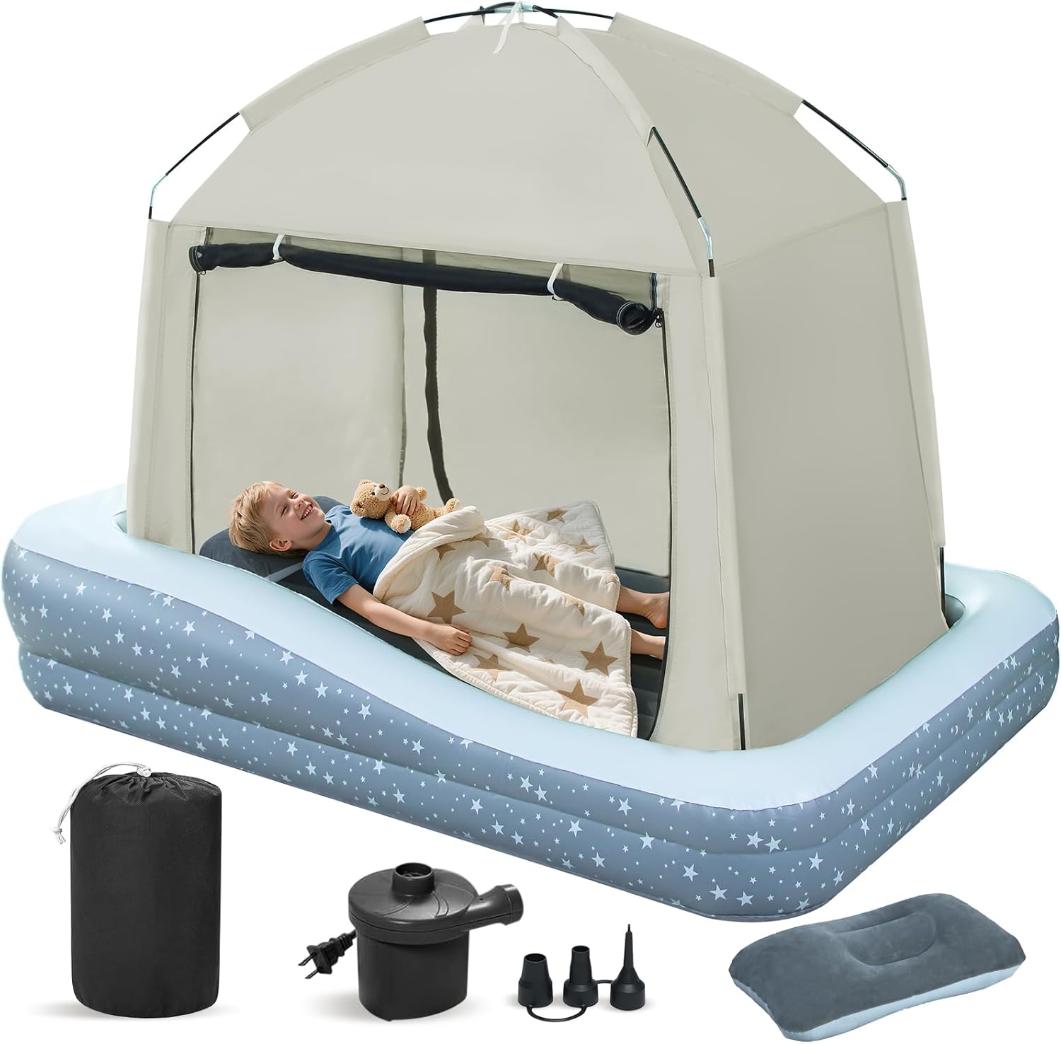 Inflatable Toddler Travel Bed with Tent: Portable Toddler Bed with High-Speed Pump & Carry Bag - Kids Air Mattress with Safety Bumpers - Lightweight Baby Crib Tent for Camping, Traveling
