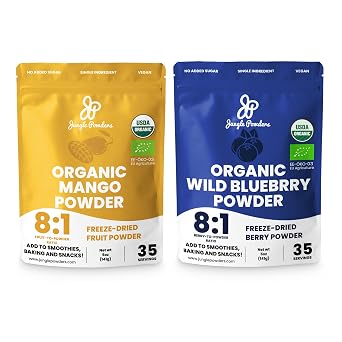 Jungle Powders Exotic Fruit Flavor Bundle Organic Mango Powder 5oz & Wild Blueberry Powder 5oz - Versatile Ingredients for Baking, Smoothies & More, Non-GMO, Vegan, Additive-Free Superfood Extracts!