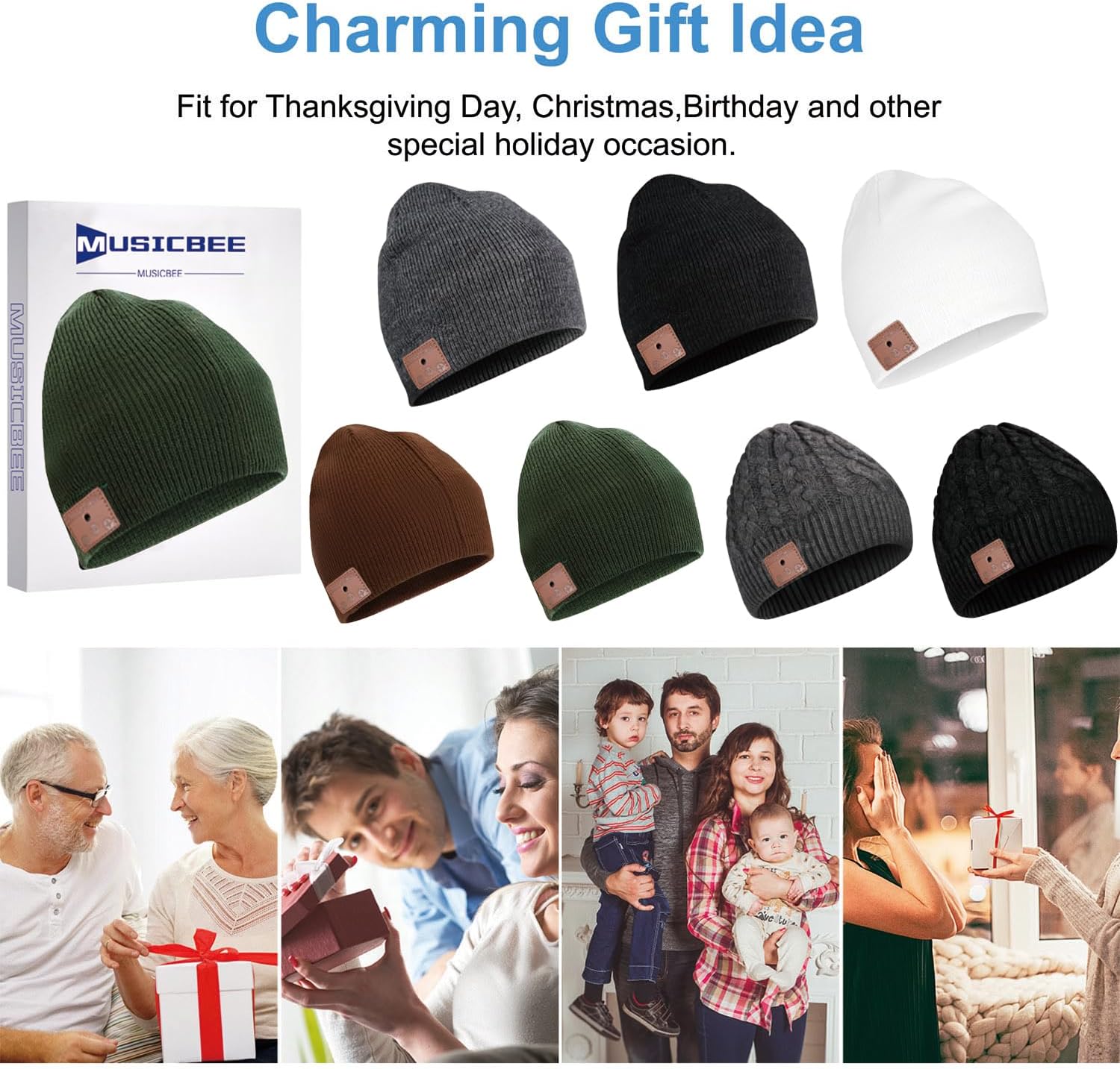 beanie Bluetooth, MUSICBEE Bluetooth V5.2 Wireless Knit Winter Cap, 30 Hour Play time, Built-in Microphone and HD Stereo Speakers(Pine Green)