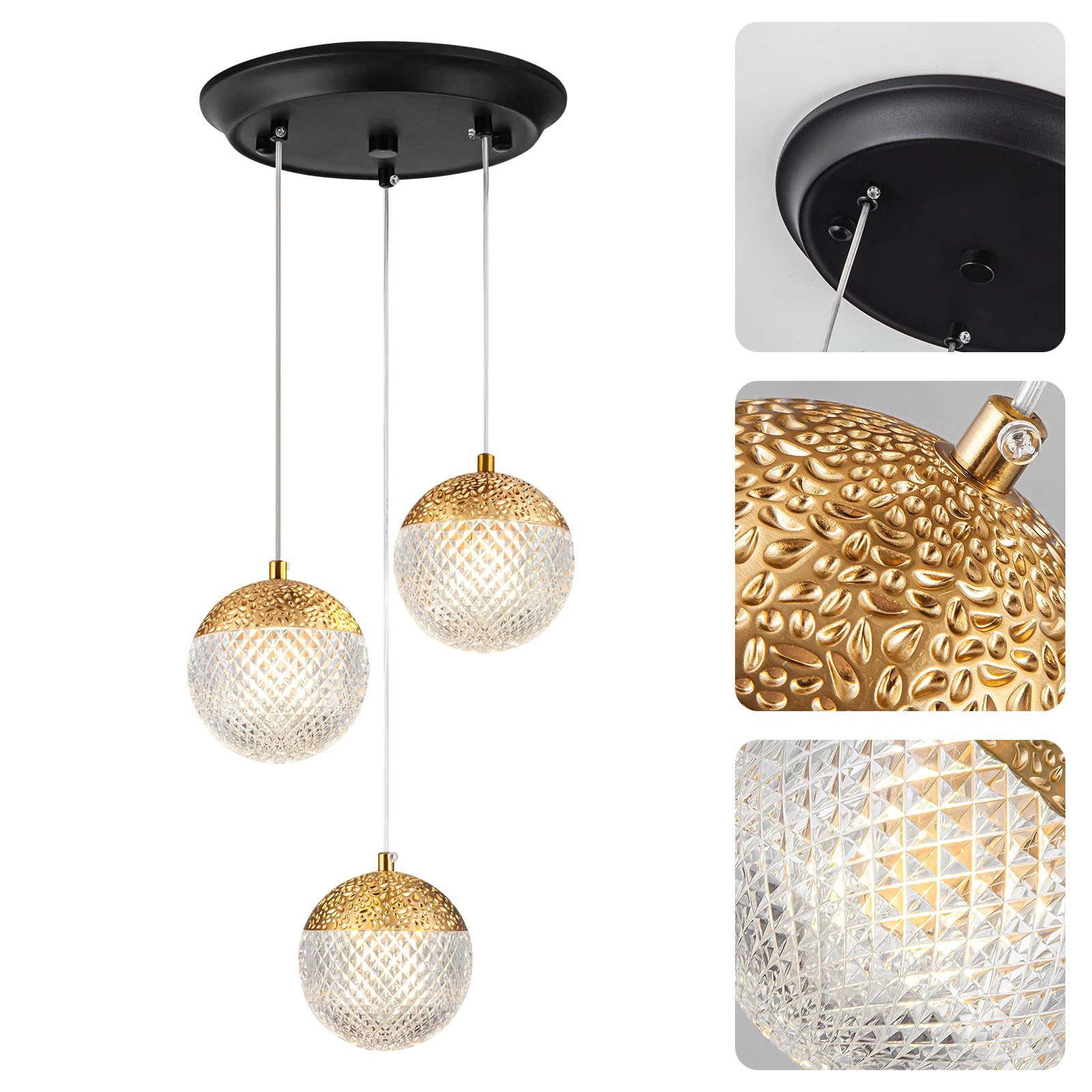 Suspension Luminaire 3 lampes,G9 luminaire plafonnier 3 spot LED,Lampe suspendue Éclairage moderne Chandelier globe réglable pour la maison Cuisine Chambre à coucher Salon Salle à manger,doré