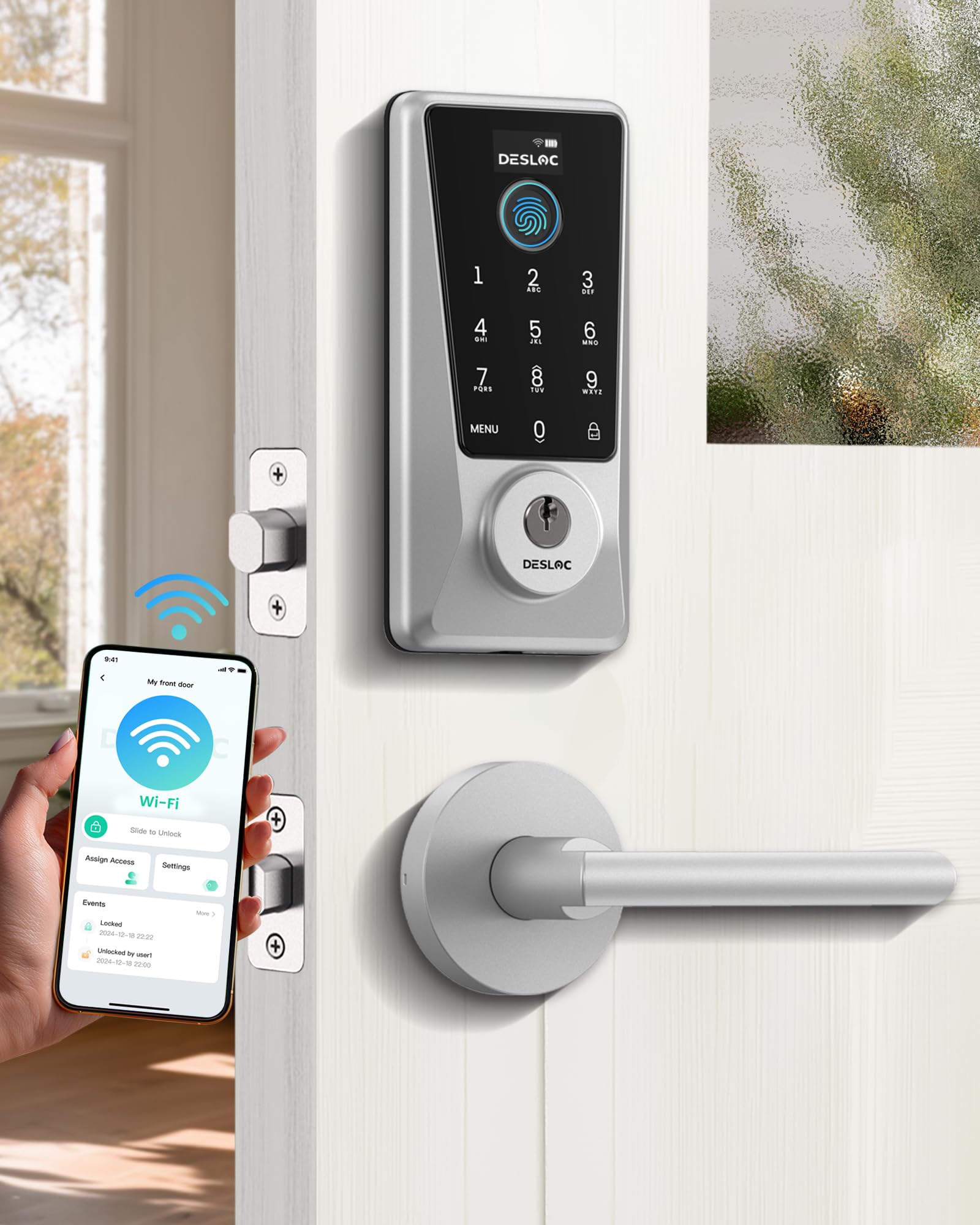 DESLOC Fingerprint Smart Lock with Lever Handles, Built-in WiFi,App Remote