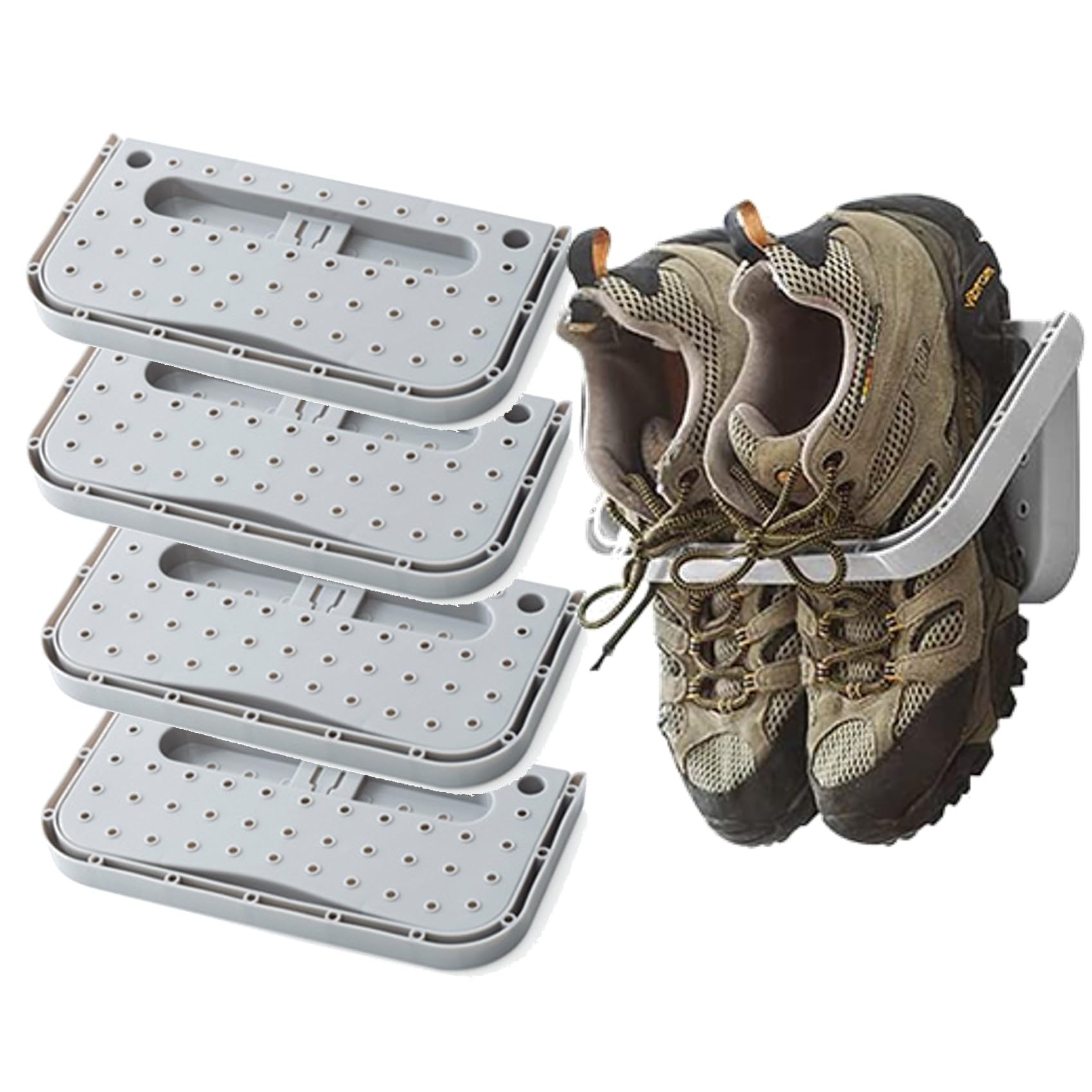 Yelschwa Grey Shoe Holder Foldable Wall Mounted Pack Of 4 Hanging Shoes Wall Shelf Shoe Rack Hanging Shelf No Drilling For Entrance Door Bathroom Practical Household Items (Grey)
