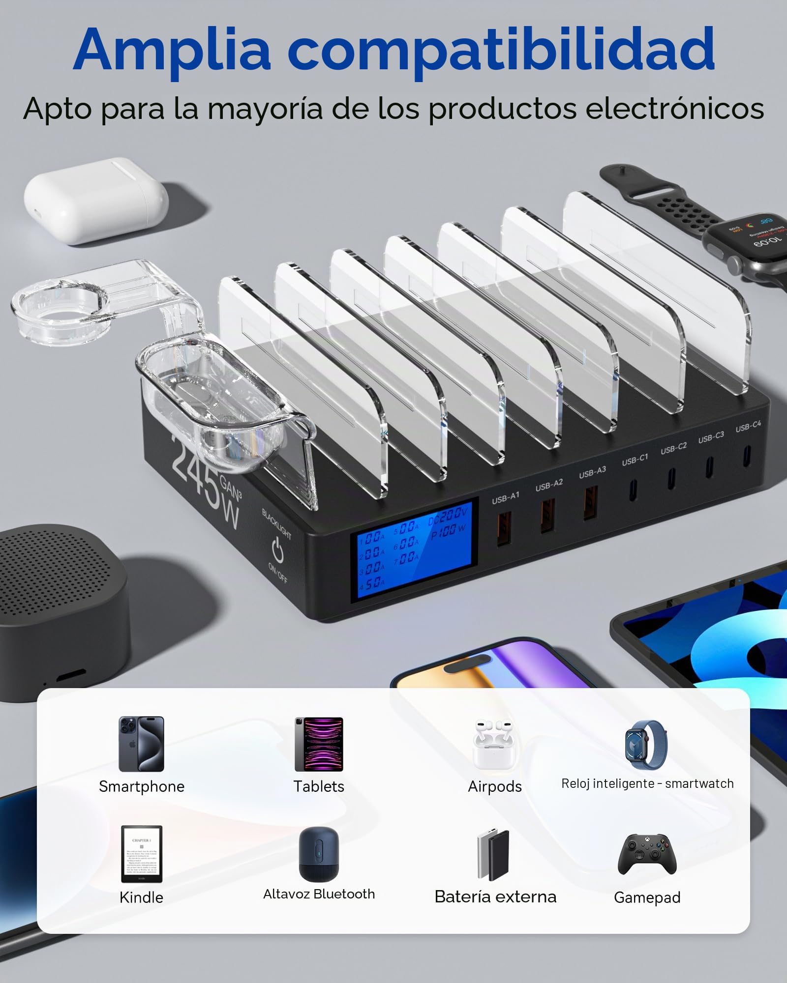 Estación de Carga, 245W 7 Puertos Charging Station, Estacion de Carga con Pantalla LCD, Cargador USB Multiple Compatible con teléfonos tabletas y Otros Dispositivos（7 Cables incluidos）