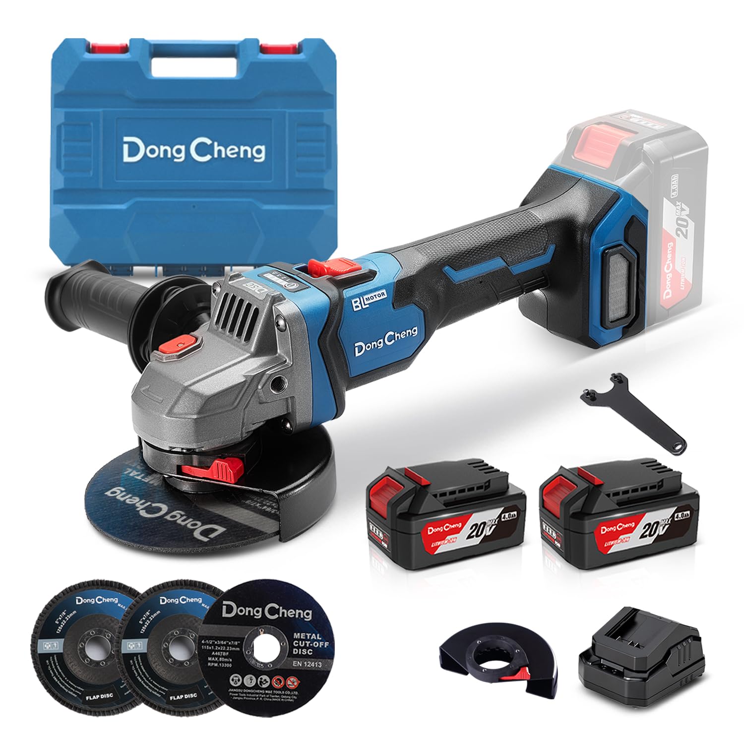 DongCheng Smerigliatrice angolare a batteria 20V 125 mm, 1000 W, 2x4.0Ah | Motore senza spazzole, 3 velocità, cuffie a sgancio rapido, impugnatura antivibrante, 2 dischi da taglio, lamellari T27 e T29