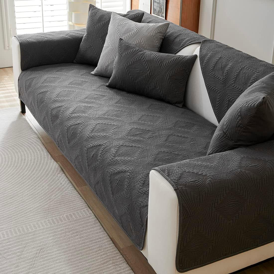 vctops Farmhouse Solid Cotton Sofa Cover for 2 or 3 Cushion Couch Covers Anti-Slip Geometric Quilted Sofa Slipcover for Dogs Cats Pet Love Seat Recliner Armrest Backrest Cover(Dark Grey,43"x82")