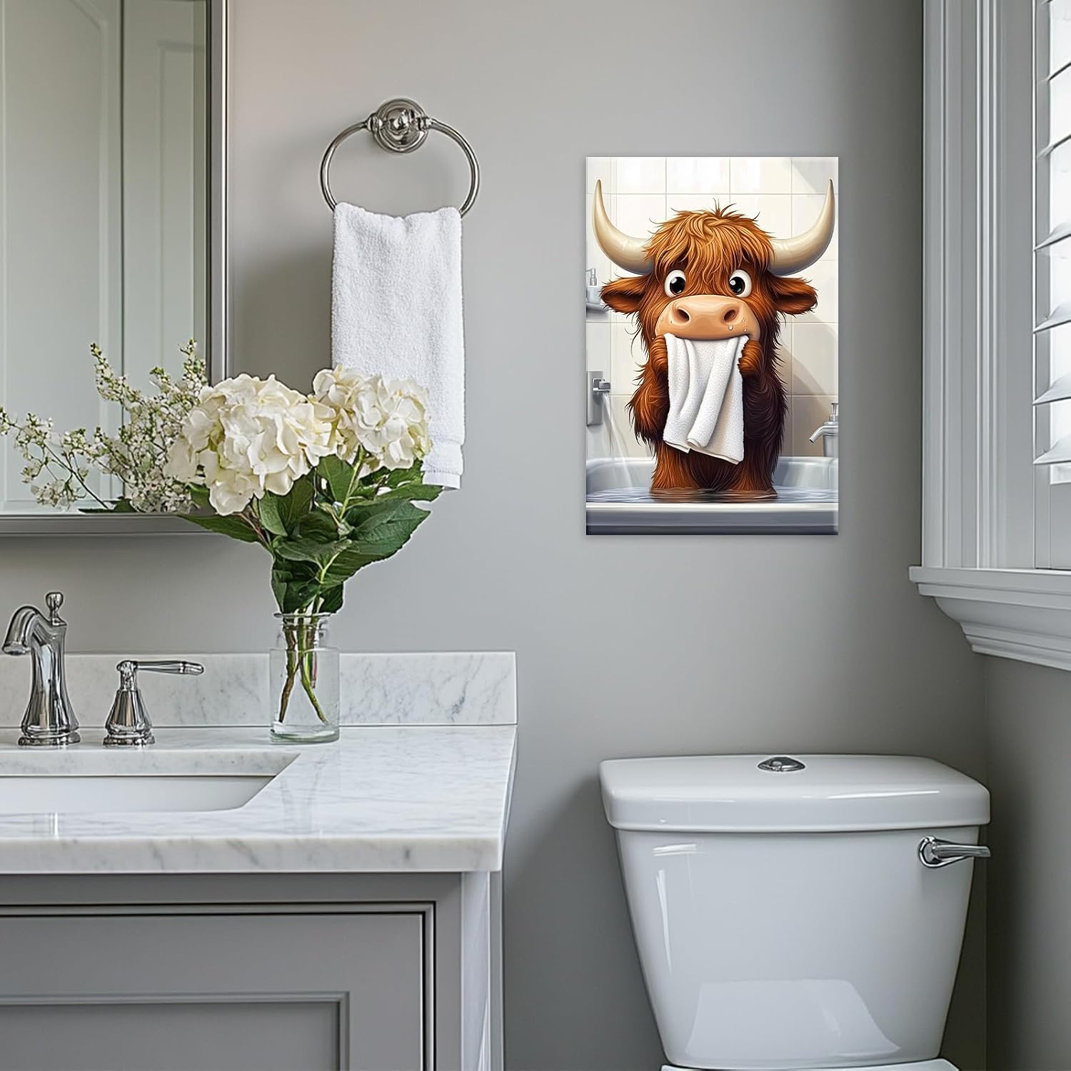 Funny Highland Cow Canvas Wall Art Whimsical Watercolor Cattle Painting Framed Bathroom Decor for Kids Room Nursery Ready To Hang(Artwork-1,12"x18")
