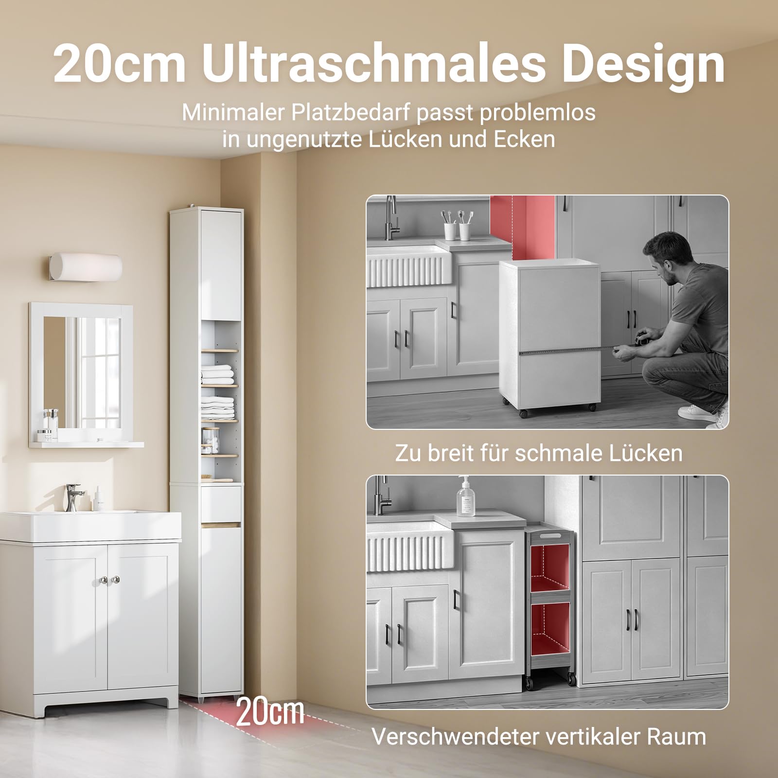 SoBuy Badezimmerschrank Hochschrank Schmal 20x20x180cm Für Kleine Bäder | Platzsparender Badschrank Mit Verstellbaren Einlegeböden Für Waschbecken, WC, Waschmaschine BZR34-WN