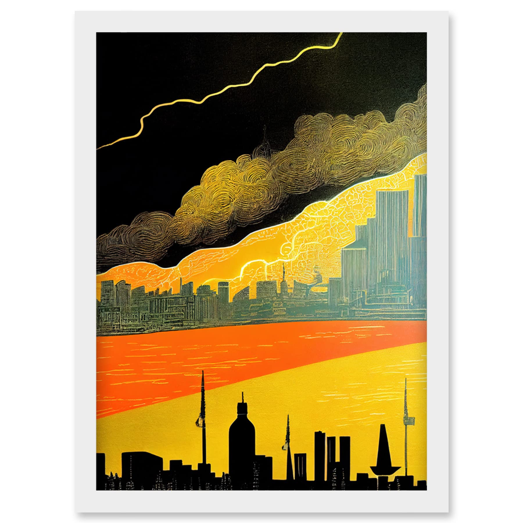 Wee Blue Coo Modern Black Yellow Orange Linocut London Skyline Cityscape Storm Lightning Artwork Framed Wall Art Print A4