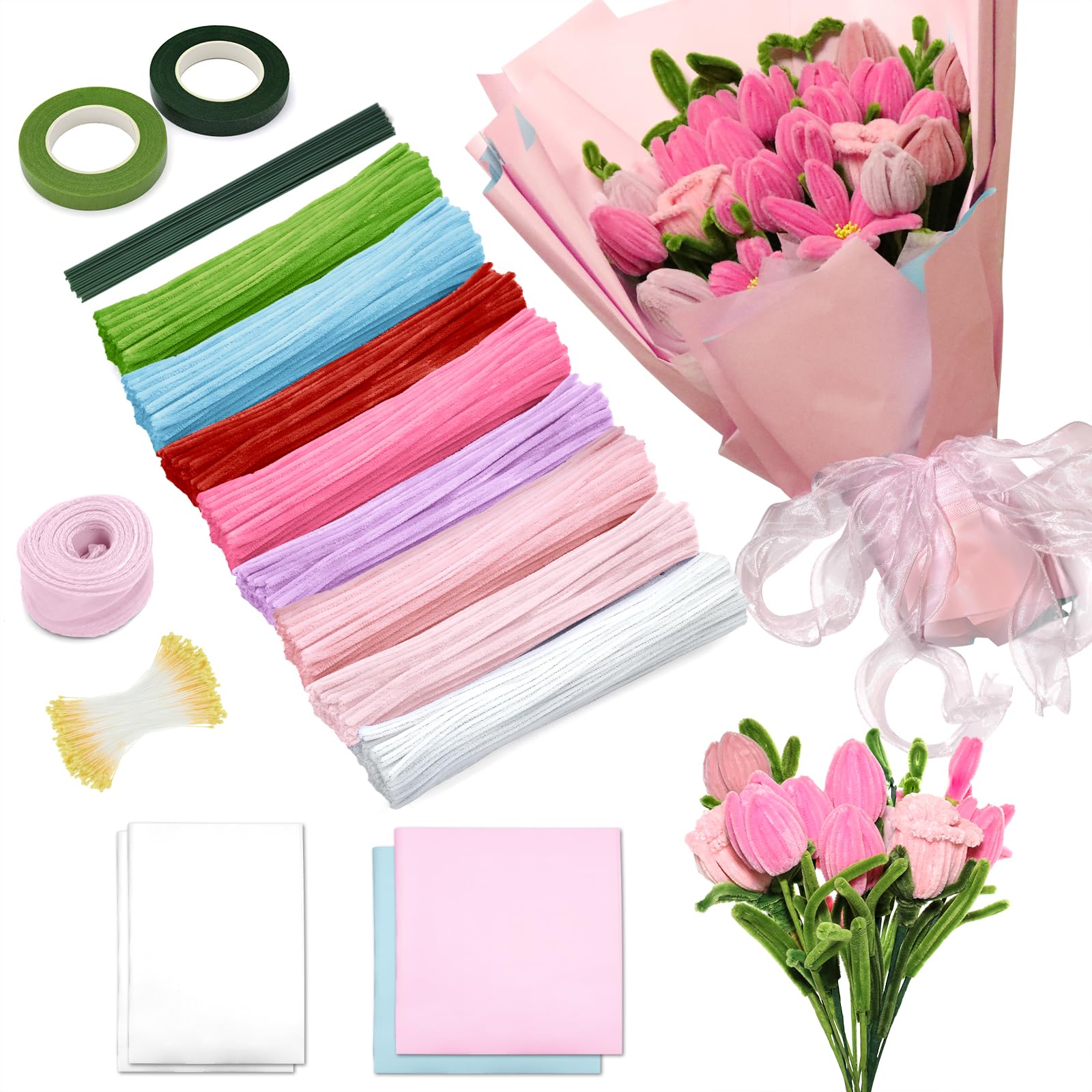 Pfeifenreiniger Set, 500 Stück 4 Farben Pfeifenreiniger Set zur Herstellung von Verschiedenfarbigen Pfeifenreiniger Sträußen, Blumenpapier, Bändern, Dochten, Stäben, kreativen Blumen DIY