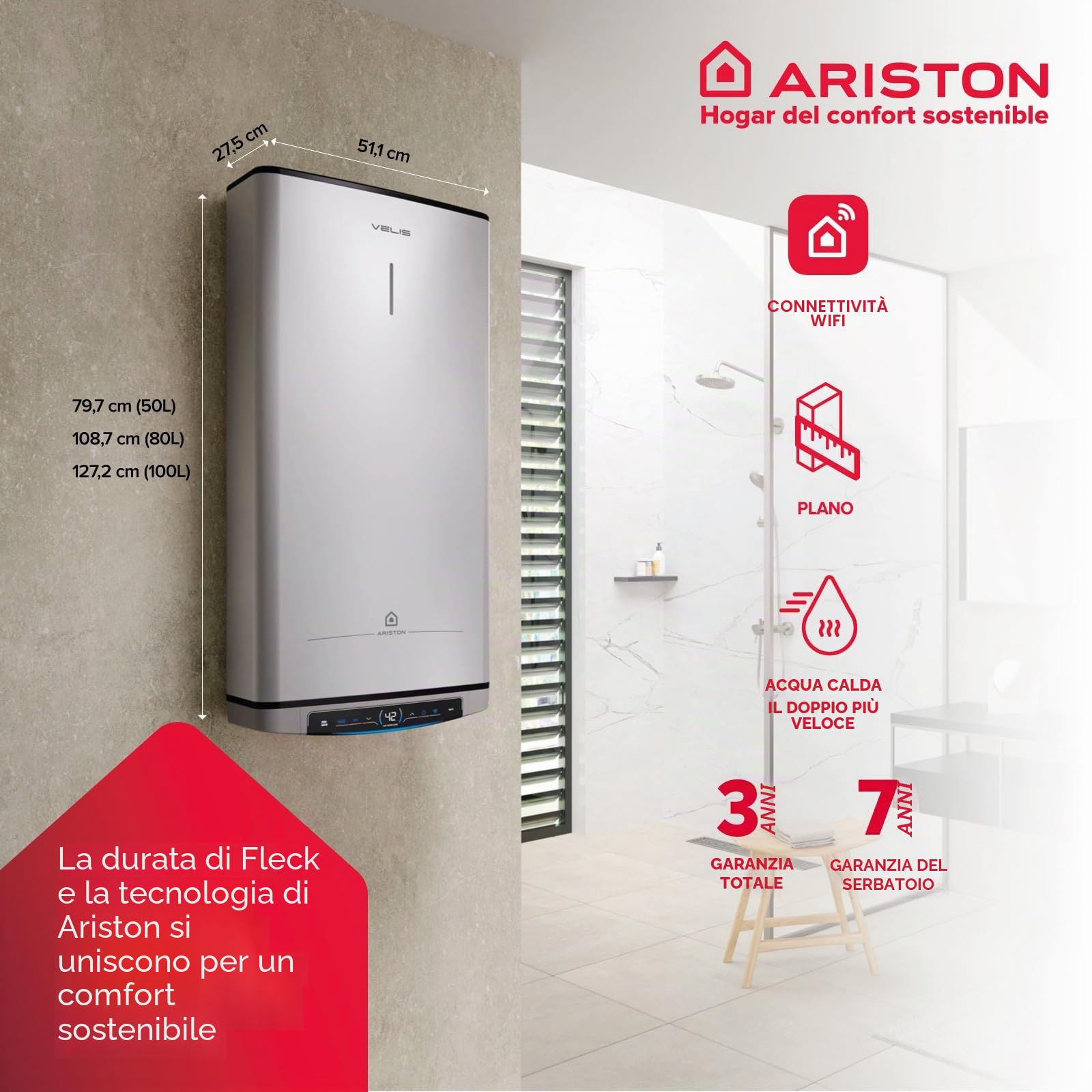 Ariston, Velis Tech Dry Wifi - Scaldabagno elettrico multiposizione, termico elettrico, 50 litri, con Wifi e funzione ECO-EVO 79,7 x 27,5 x 51,5 cm, per installazione in Spagna (classe energetica B)