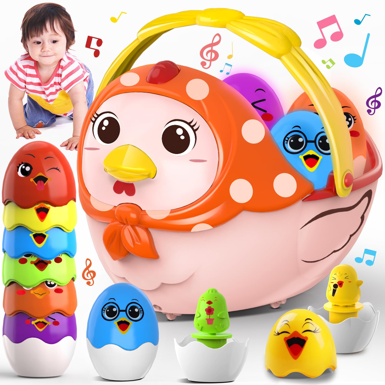 Easter Basket Chicken Egg for Toddler: Easter Basket Stuffers Musical with Light Gift for Girls Boys - Educational Color Matching Interactive Learning Hen Toys - Baby First Easter/Birthday Gifts