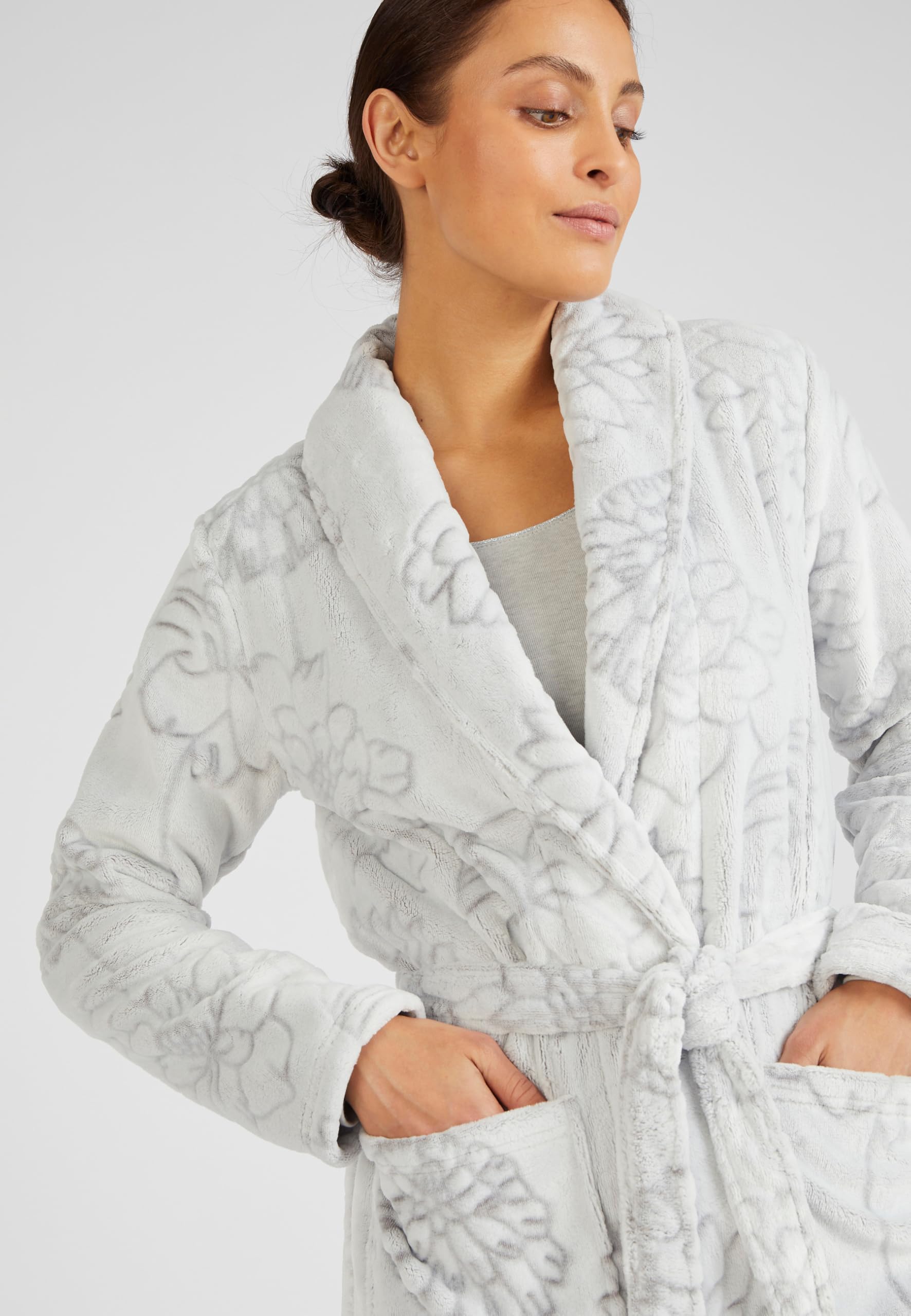 Damart Thermolactyl Femme Robe de Chambre | Maille polaire, Polyester, Long, Col Châle, Manches longues, Vêtement de Nuit, Gris, 42-44