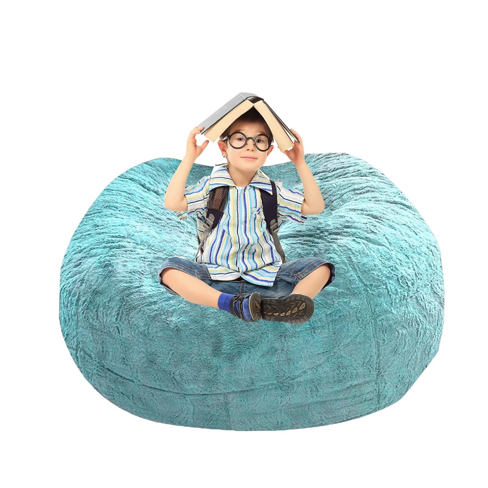BCU Bean Bag Cover Comfy Beanbag Chair for Adults Without Filler Faux Fur Floor Chair Lazy Sofa Cover Comfy for Living Room Chairs, Blue Green, 3.5FT
