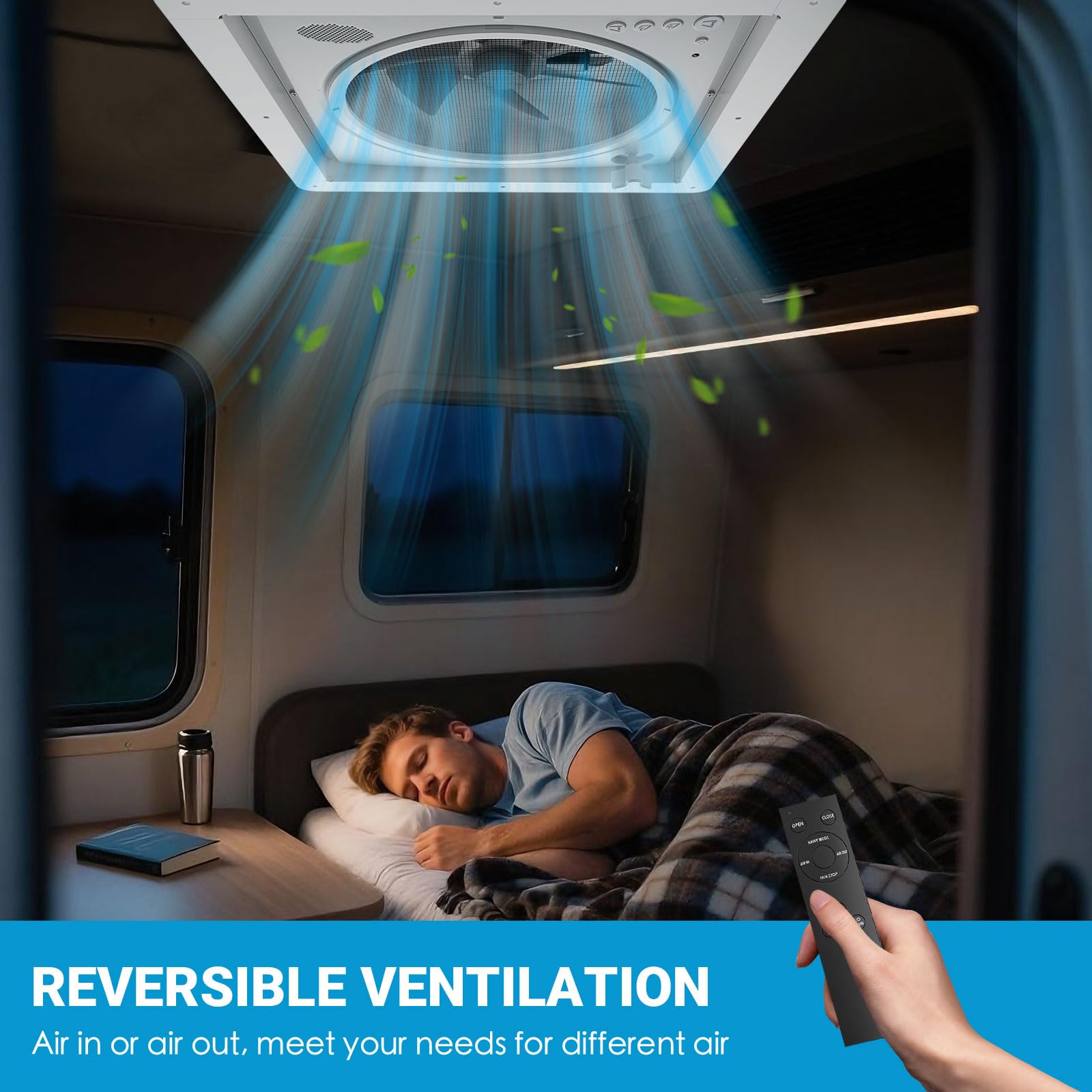 Ventilador de techo para caravanas 40cm*40cm, Claraboya, Nivel de ruido ultra bajo de escape reversible con sensor de lluvia, ventilador permanente de nivel automático (Blanco Negro)