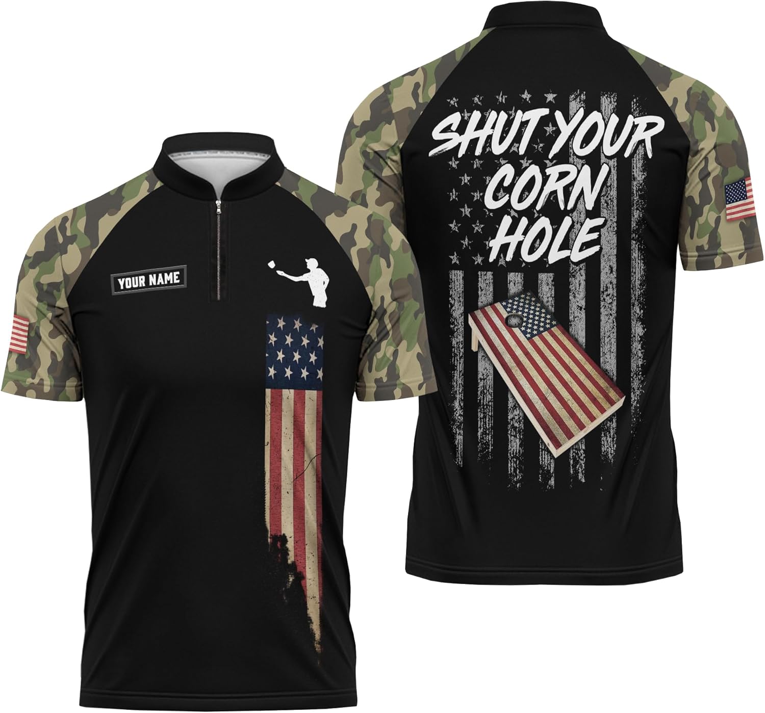 Cool Cornhole Related Quarter Zip Jerseys with US Cornhole Board Graphic Customized Zipper Tee Shirt for Dad Daddy
