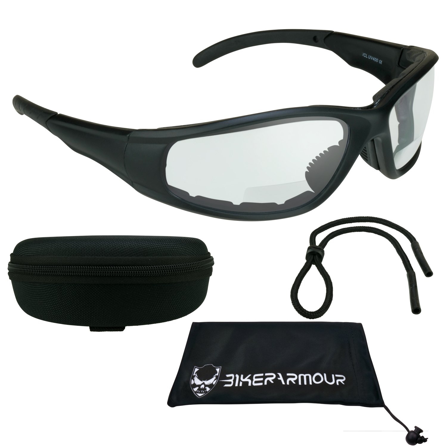 Motorcycle Bifocal Glasses 1.50 Foam Padded with ANSI Z87.1 Safety Clear Lenses