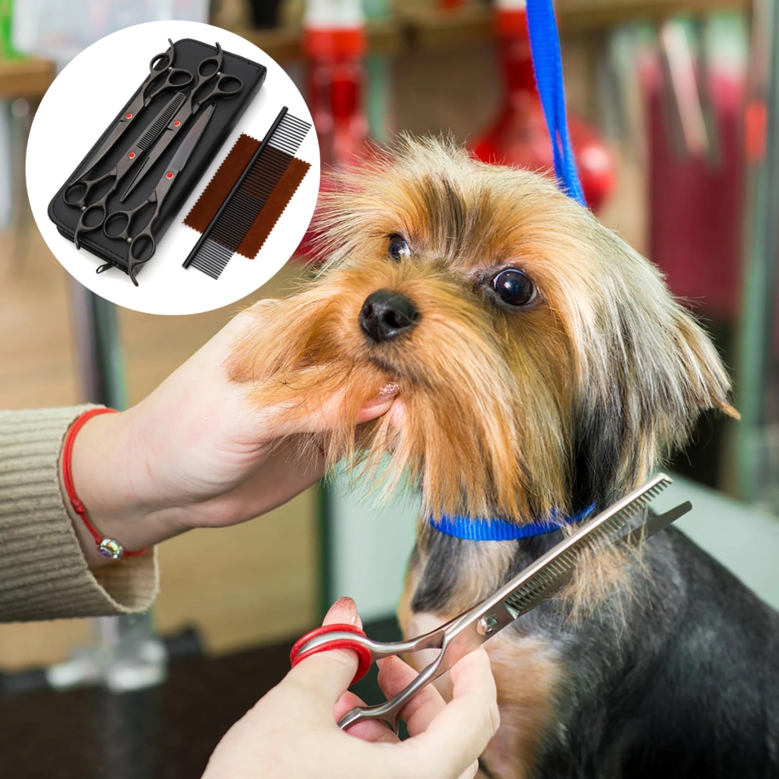 Lot de 7 ciseaux de toilettage professionnels pour animaux domestiques avec peigne et pochette à fermeture éclair, convient à tous les manteaux