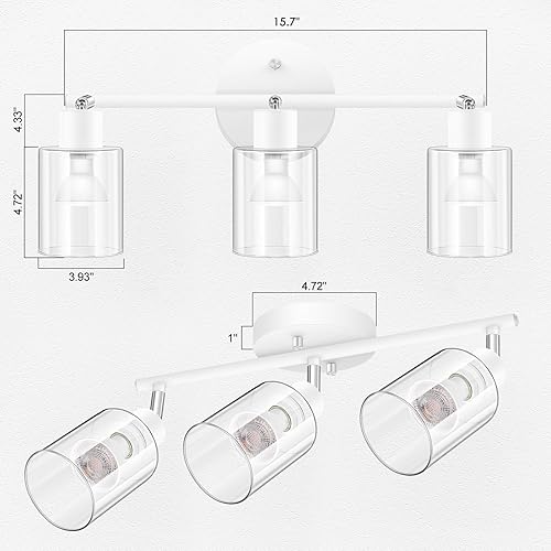 Miniatura 7 de BoostArea Lámparas de baño de 3 luces, modernas luces blancas de pared con pantalla de vidrio transparente, luz de techo flexible para espejo,
