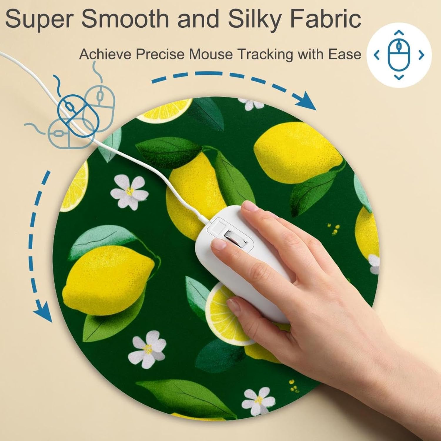 Round Mouse Pad for Women Men, 10’’ Round Desk Pad Mousepad Non-Slip Rubber Base, Office Home Laptop Accessories, Cute Yellow Fruit Lemon with Little Flowers image 4