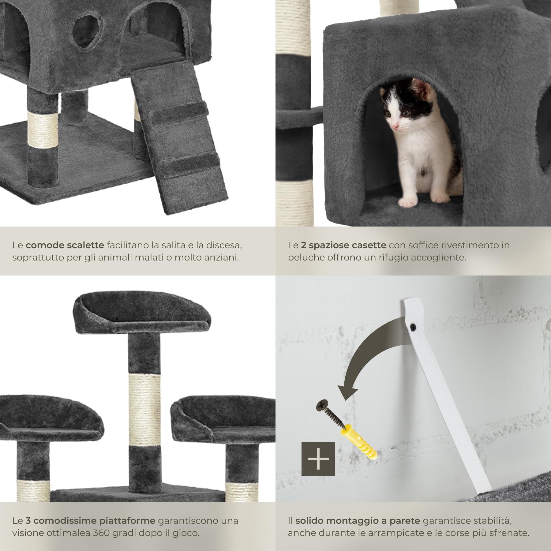 tectake® Tiragraffi per Gatti con Casette, Tiragraffi Gatto con Piattaforme e Colonna Grattatoio, Albero per Gatti Altezza 170 cm, Torre Gatti per Interni, Casa per Gatti - Grigio