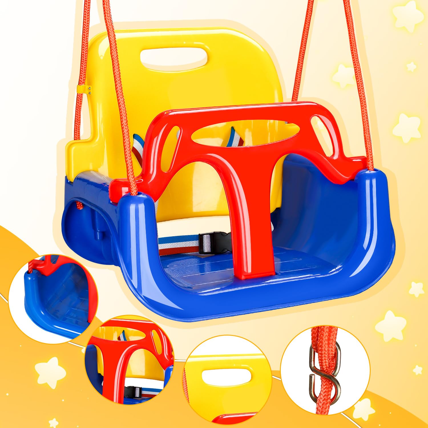 Altalena per bambini 3 in 1, rimovibile, regolabile in altezza, altalena da giardino per bambini con schienale e cintura di sicurezza, per interni ed esterni, portata fino a 50 kg