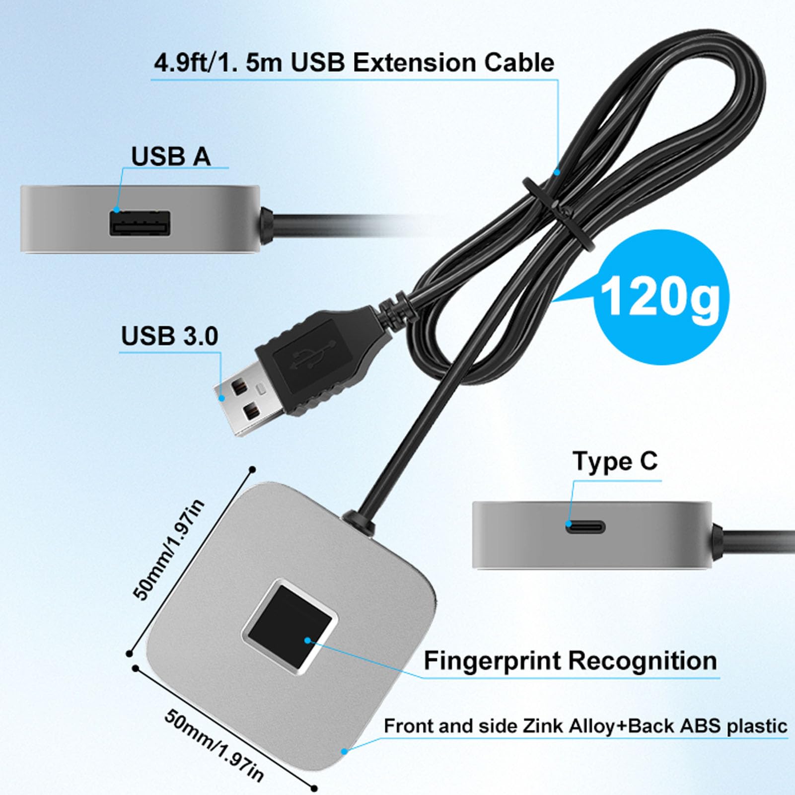 Lector de Huellas Dactilares USB para Hello, Escáner Biométrico de Coincidencia Rápida Táctil de 360° con Algoritmo de Autoaprendizaje para PC Portátil (Silver)