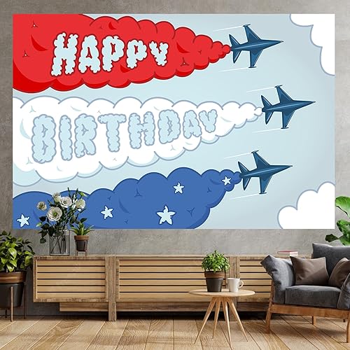 Miniatura 6 de Cartel de feliz cumpleaños de avión, telón de fondo de tiempo vuela cielo, nube arriba y lejos, decoración temática para aviador, niños, niñas,