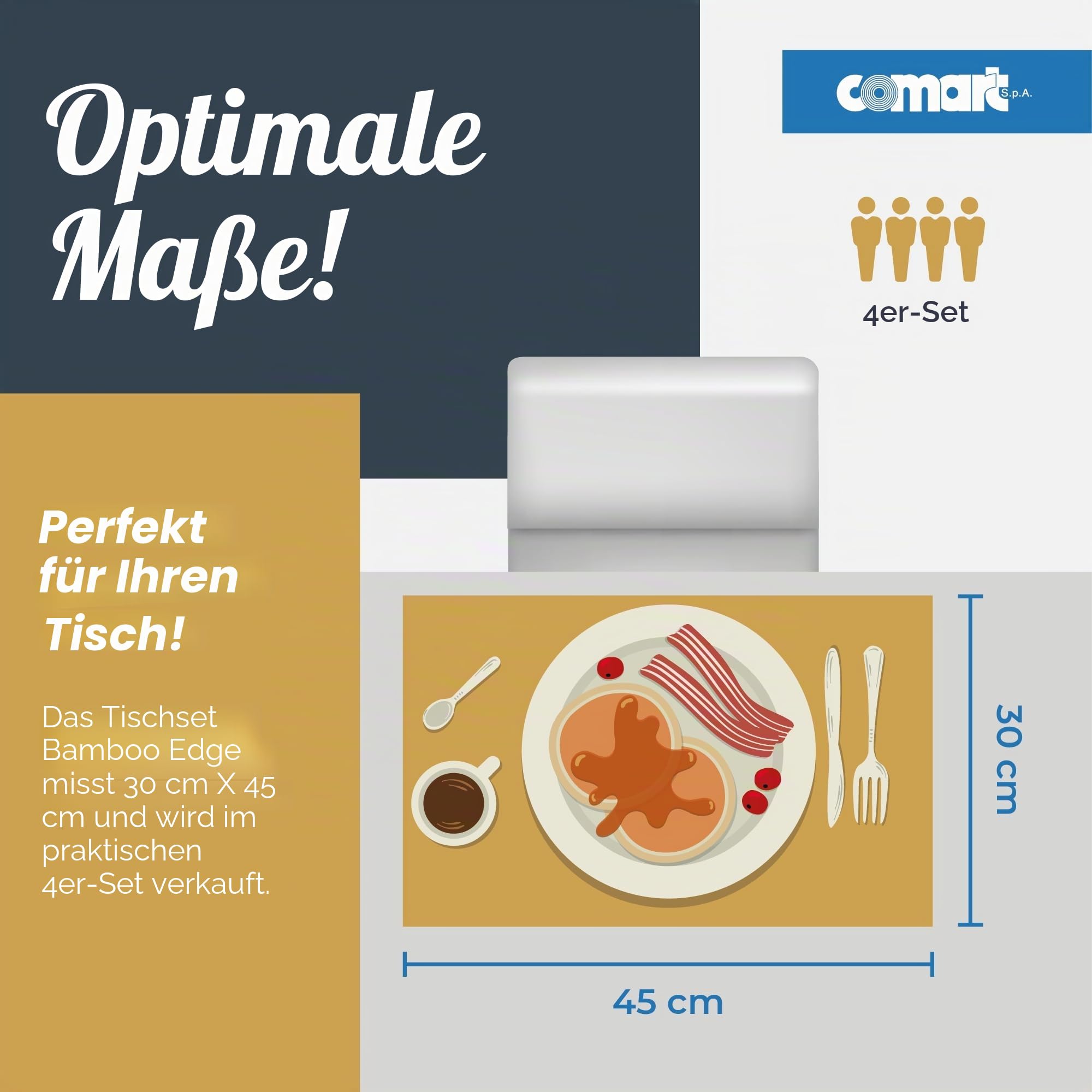Comart - Amerikanisches Platzdeckchen Bambus Edge - Set mit 4 Tischsets 30 x 45 cm - abwaschbar - Hitzebeständig - für Frühstück, Mittagessen - Elegante Platzsets - Umweltfreundlich aus Bambus - Farbe