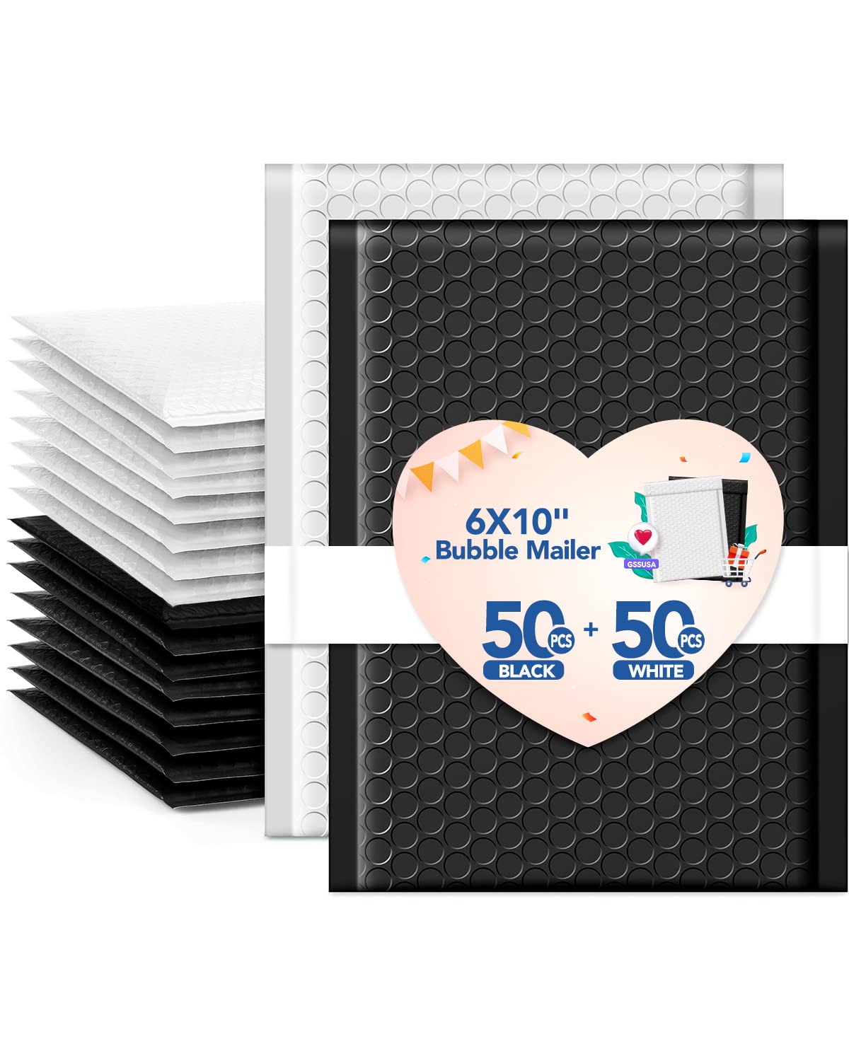 GSSUSABubble Mailer 6x10'' 100 Pack Usable Size 6x9" Small Padded Envelopes with 50 Black& 50 White Cute Bubble Mailers Self-Seal Bubble Envelopes Mailing for Small Business, Mixed Colors