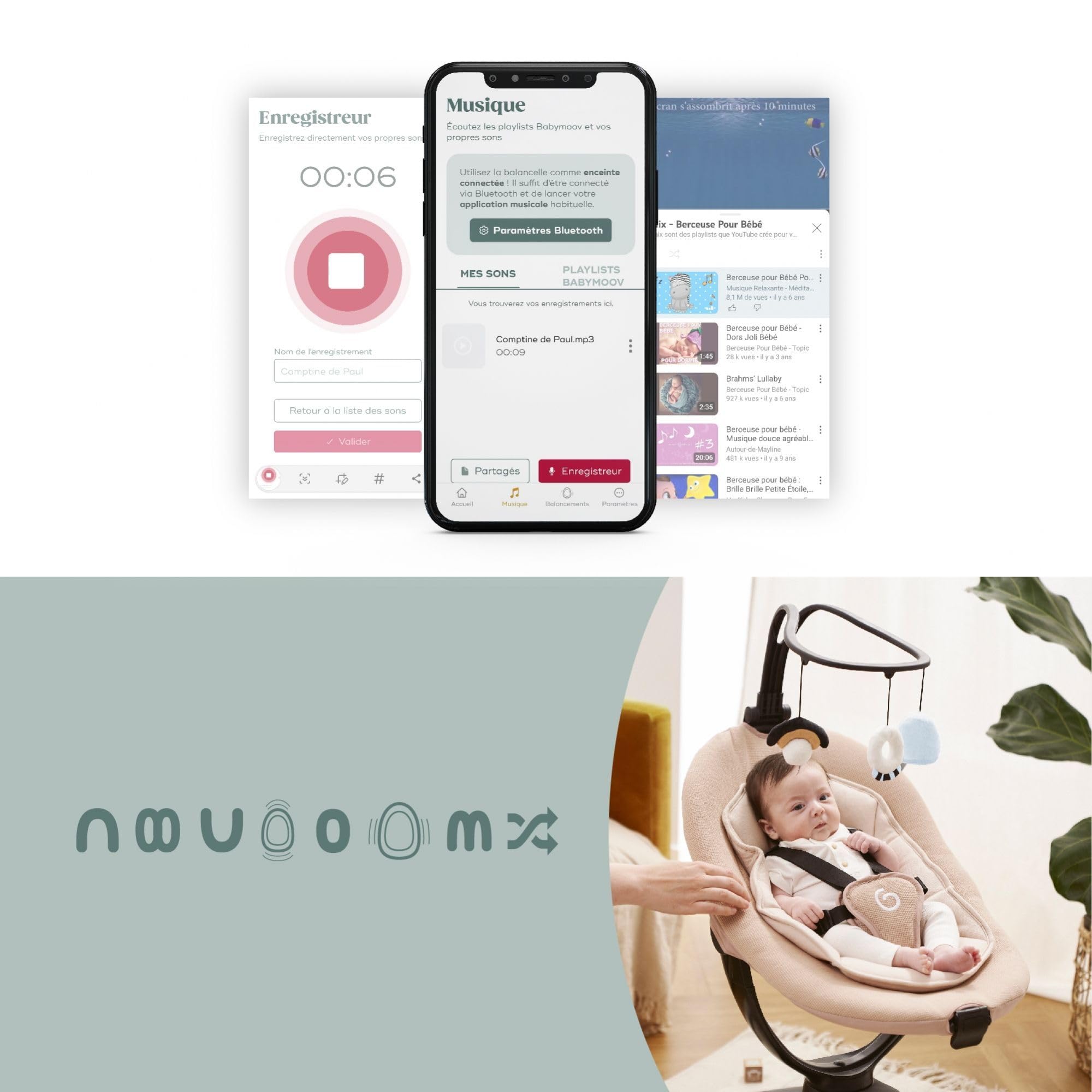 Babymoov Elektryczna huśtawka dziecięca Swoon Evolution Moccapołączona z aplikacją mobilną - strumieniowe przesyłanie muzyki, nagrywanie głosu i niestandardowe kołysanki - Siedzenie 360°- Reduktor