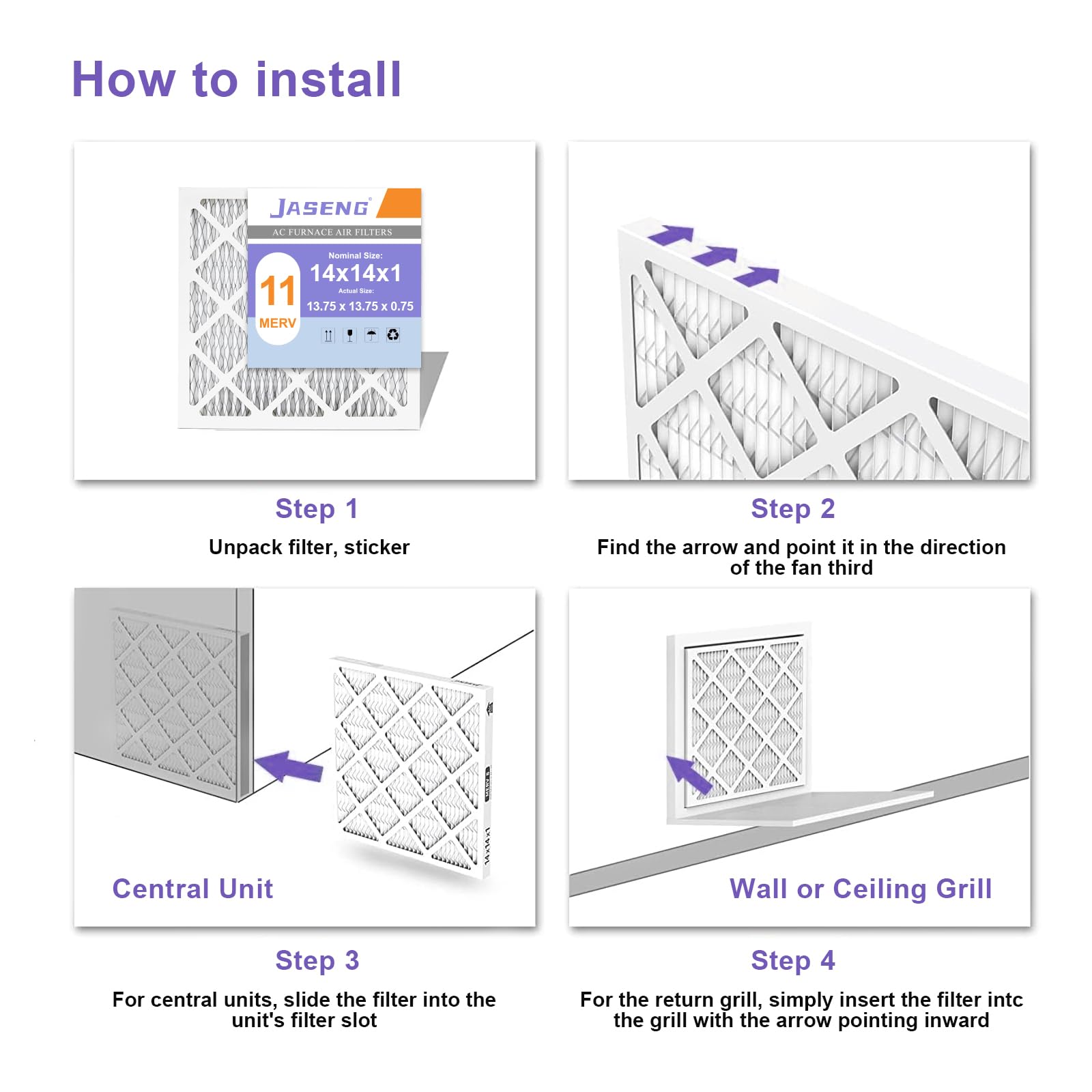 Filtros de aire para horno de 14 x 14 x 1, paquete de 4, MERV 11 MPR 1000 y FPR 7, repuesto de filtro de aire HVAC (dimensiones exactas: 13 3/4 x 13 3/4 x 3/4 pulgadas)