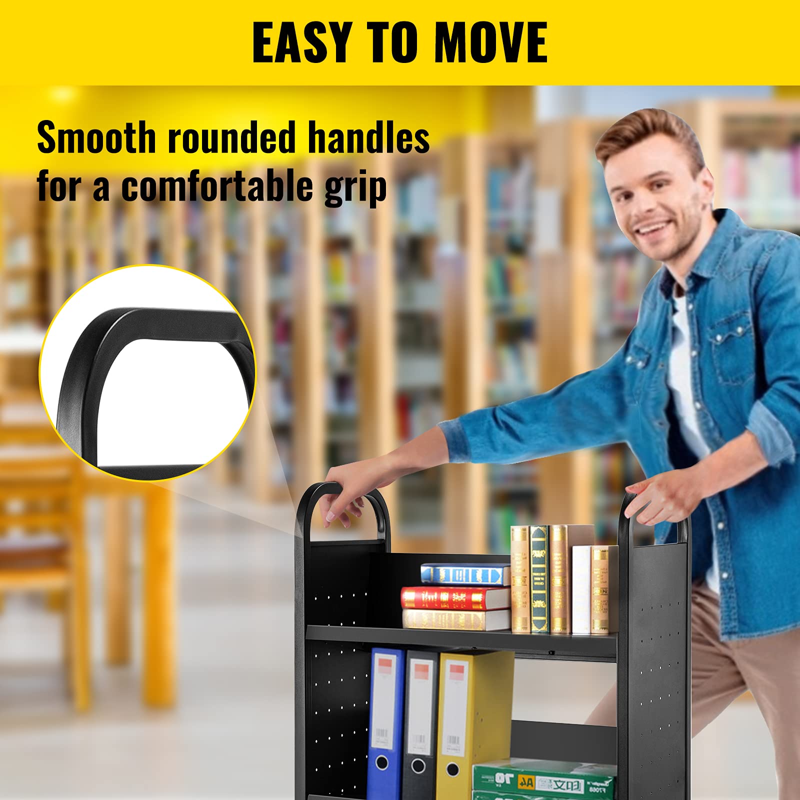 VEVOR Carrello per libri, 90,7 kg, 76 x 35 x 114 cm, ripiani inclinati a forma di V su un lato con ruote bloccabili da 10 cm, per mensole domestiche, ufficio e scuola, camion dei libri in nero