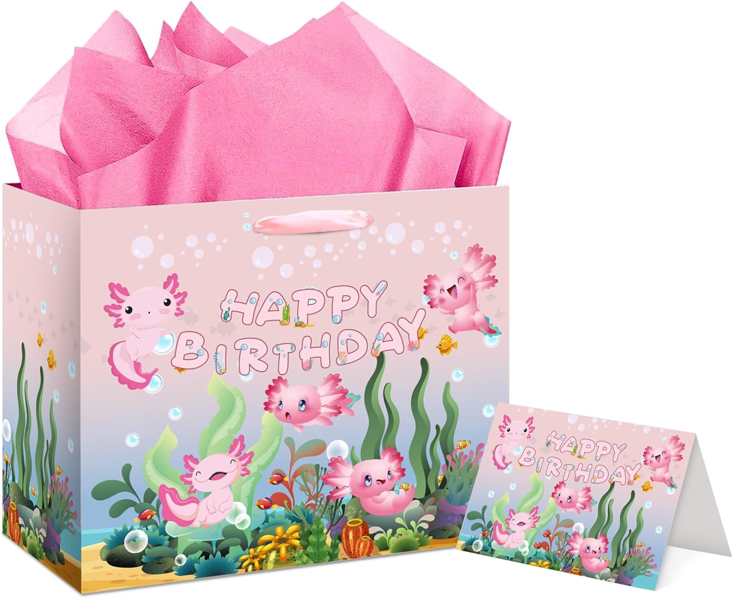 Axolotl Birthday Gift Bag Girls - Pink Cute Animal Party Favor Bags with Tissue Paper And Greeting Card Cartoon Birthday Gifts Wrapping for Kids Axolotl Party Salamander Themed Decorations Supplies