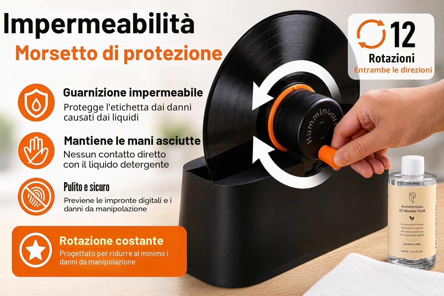 HumminGuru EZ Lavatrice per Dischi, Macchina Manuale per la Pulizia dei Dischi in Vinile con Rotazione Senza Sforzo LP e Morsetto Sicuro, Kit di Pulizia con Spazzole di Capra,Liquido,Stendino e Panno