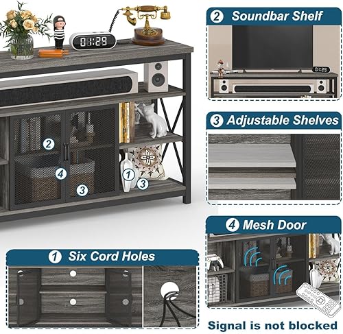 Miniatura 4 de BON AUGURE Soporte alto de TV para televisores de hasta 65 pulgadas, centro de entretenimiento industrial con armario de almacenamiento, mesa