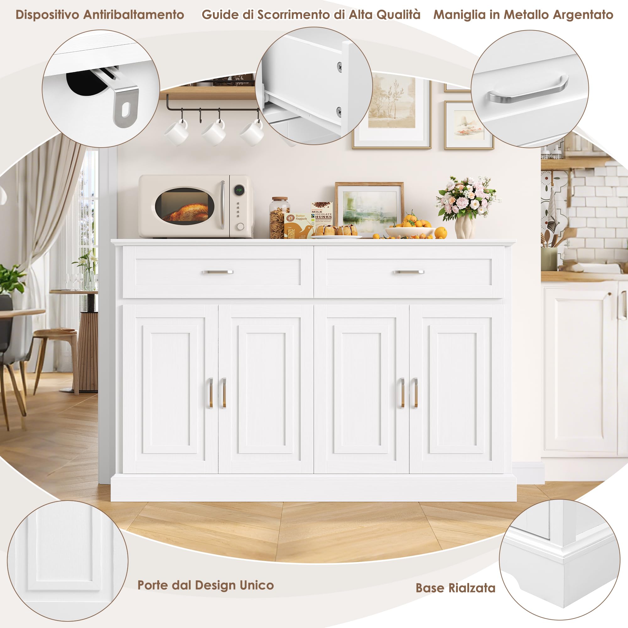 FirFurd 140CM Credenza Cucina,Mobile Cucina con 2 Cassetti e 4 Ante, Madia Soggiorno Moderna con Ripiani Regolabili e Rimovibile, per Cucina, Sala da Pranzo, Soggiorno, 140x39.5x92.2cm Bianco
