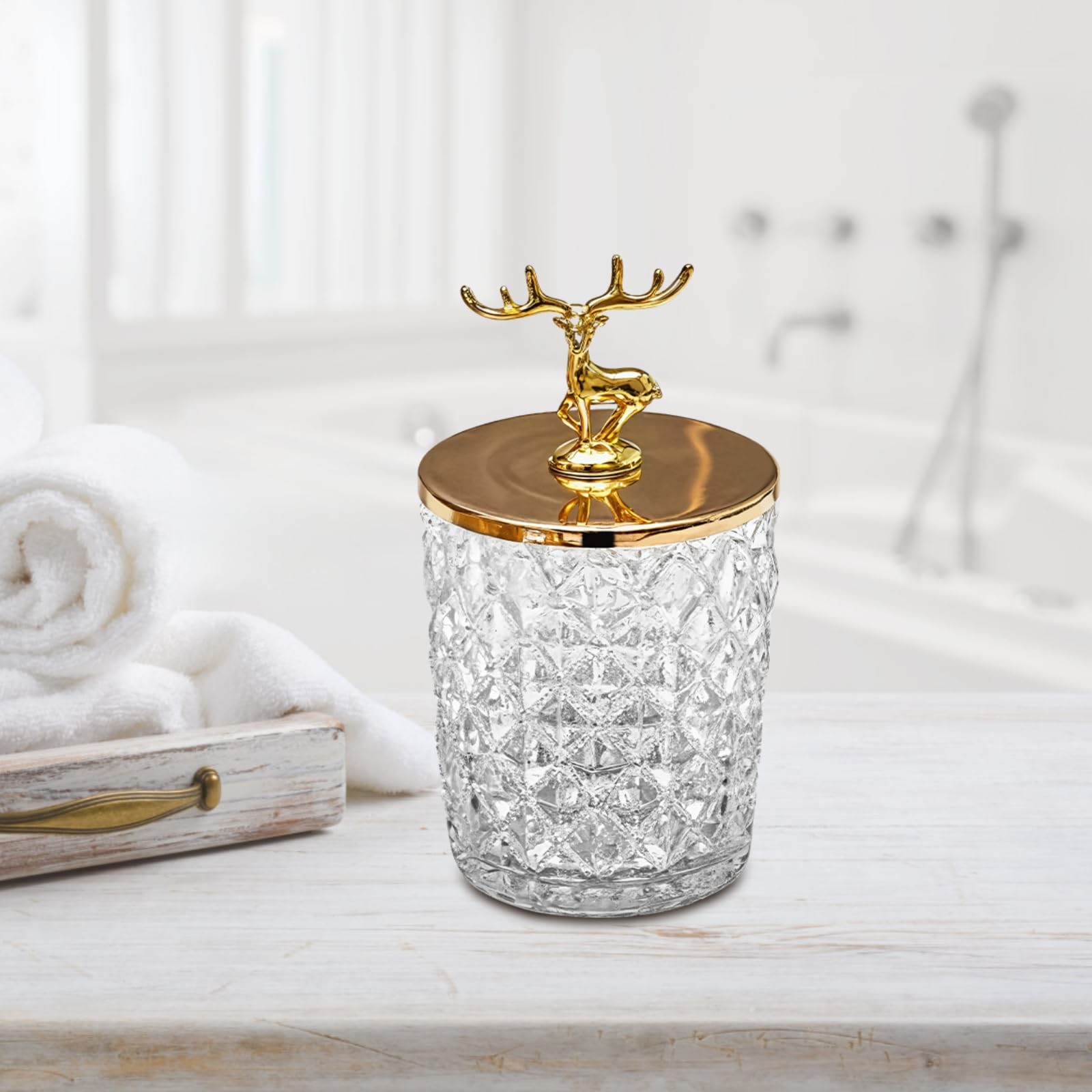 Homaisson Glass Jar with Metal Lid, Bathroom Glass Storage Container with Golden Antler Design, Non-Slip Diamond Pattern, Elegant Decor