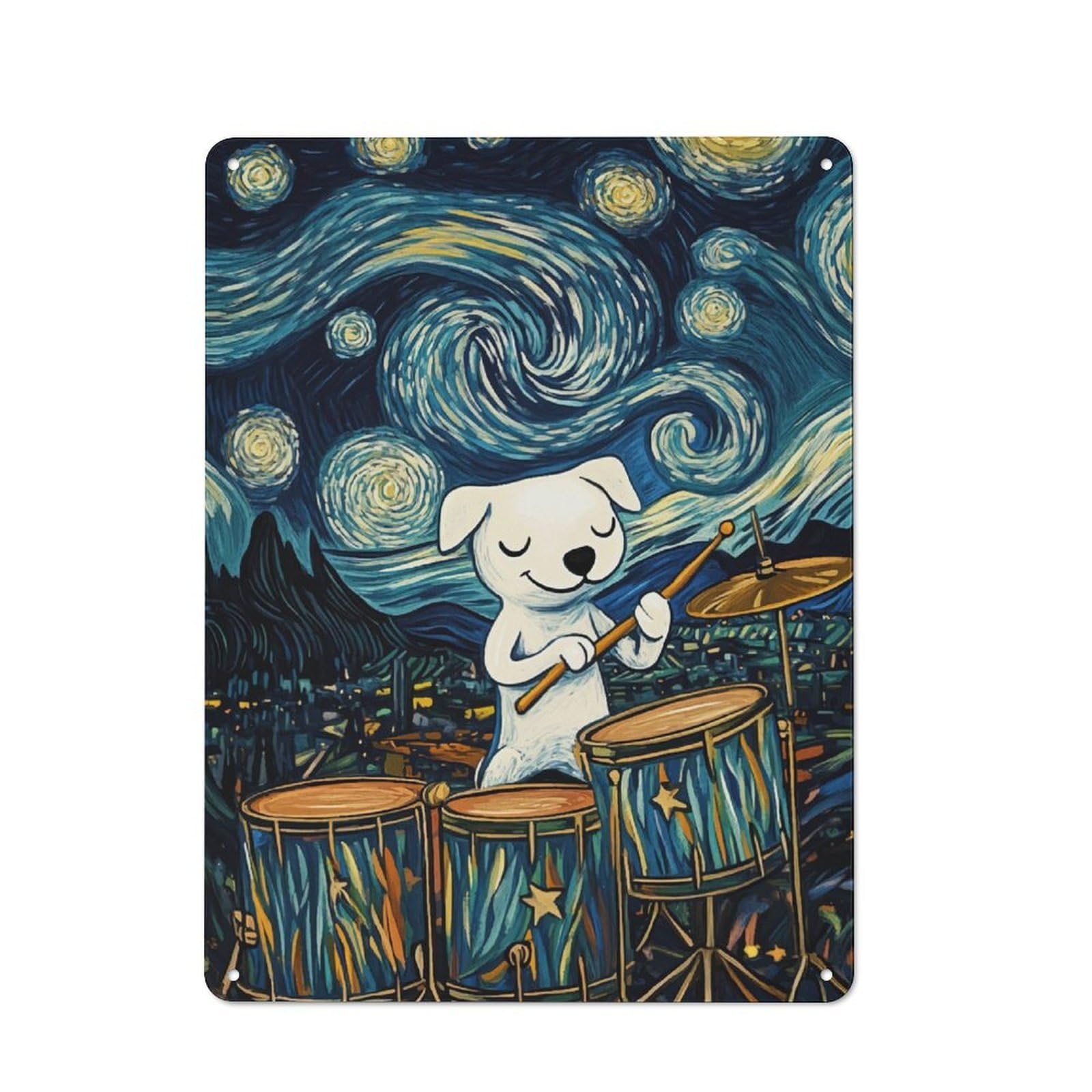 Dog Playing Drums Starry Night Rustic Metal Sign 40x30cm, Country Vintage Country Wall Plaque for Cottage, Kitchen, Hallway Or Breakfast Nook