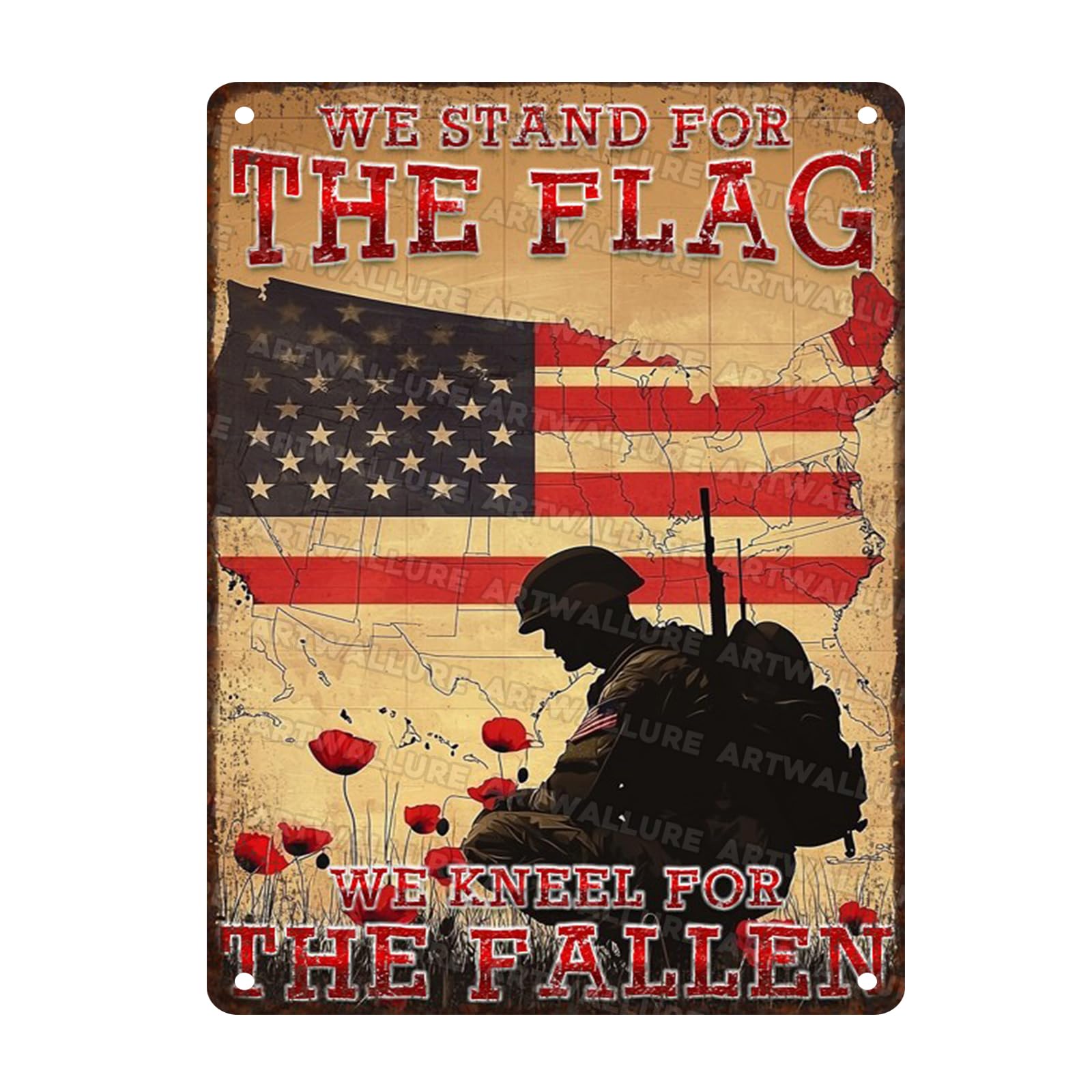Memorial Day Sign We Stand For The Flag We Kneel For The Fallen Vintage Soldier America Flag Art Metal Sign Decor Retro Veteran Day Tin Sign 12x16inch