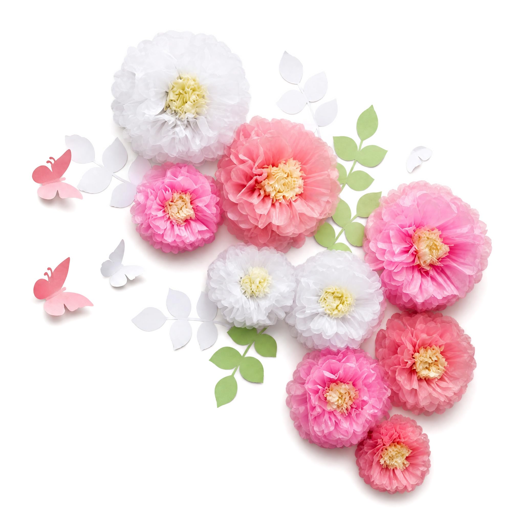 21Pcs Spring Paper Flowers Decorations Set - Large 3D Paper Flowers 8-12 Inch with Butterflies & Leaves, Pink & White Tea Party Decor, Wedding, Engagement, Baby Shower, Flower Wall Decor Kit