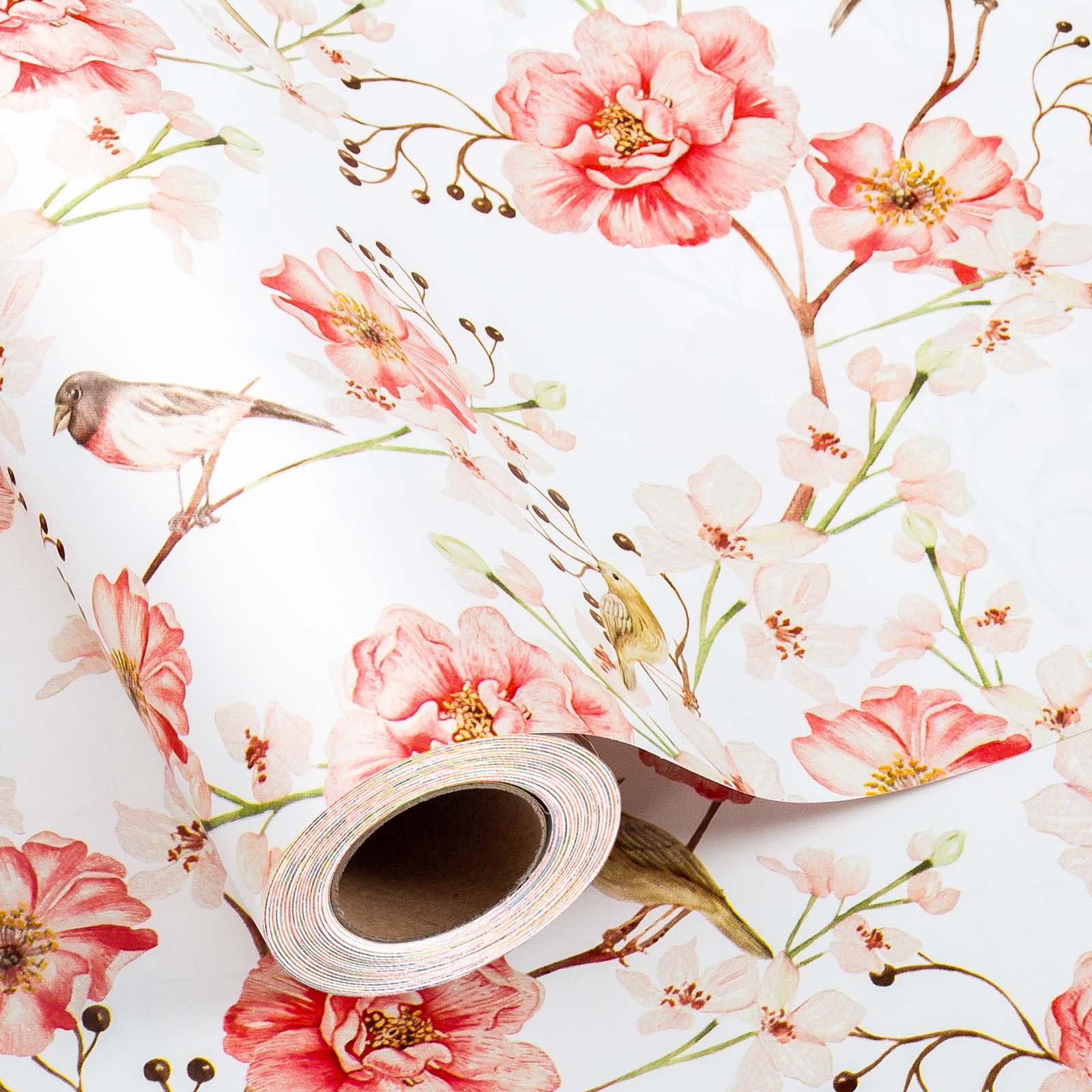Wikadlik Pink Flower Wrapping Paper Roll, 43cm x 10m Bird Floral Gift Wrap Paper for Mothers Day, Valentines Day, Wedding, Spring