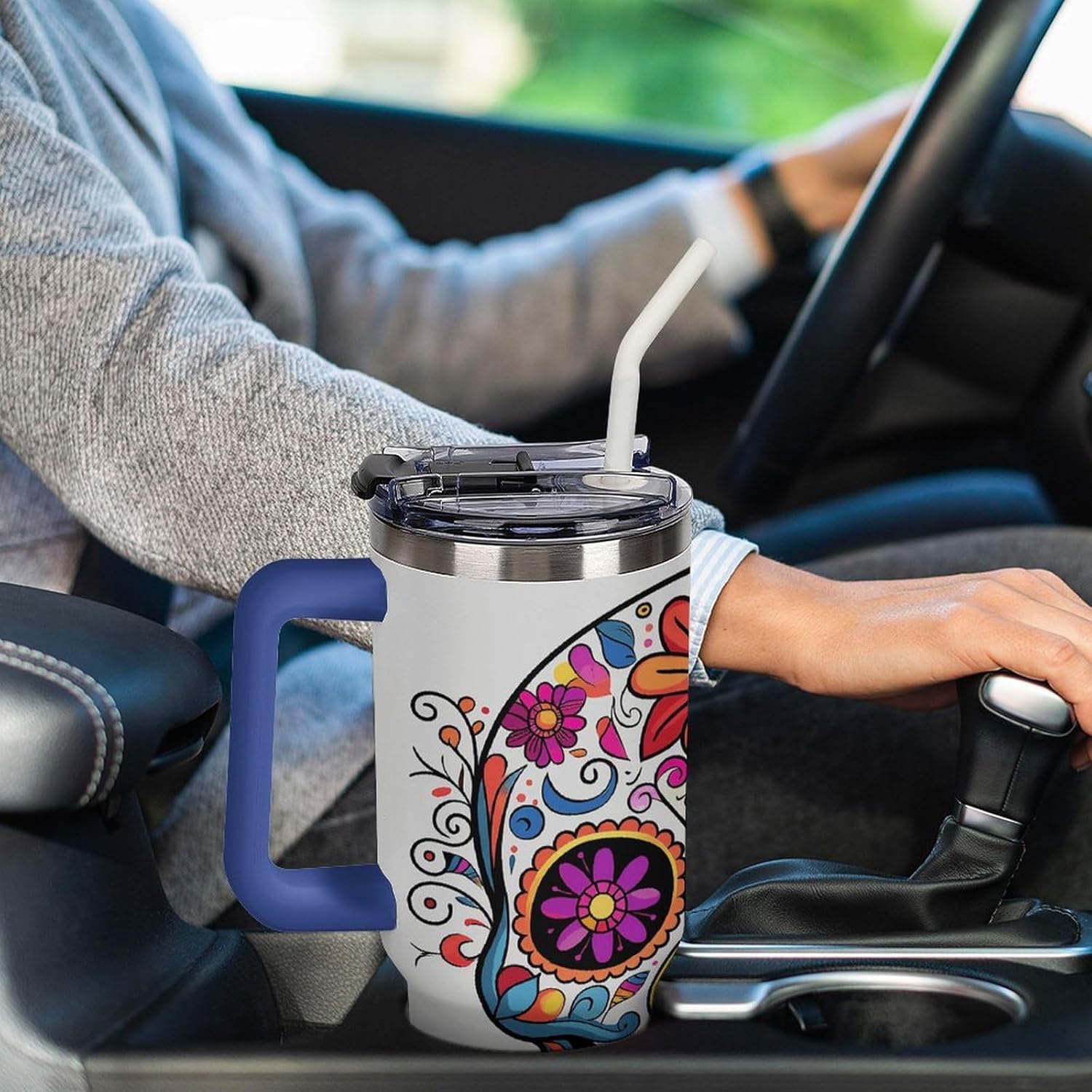 Sugar Skull Travel Coffee Mug Reusable Durable Stainless Steel Insulated Tumbler with Handle And Straw Leak Resistant Portable Thermal Cup Gifts for Men Women 40 Oz