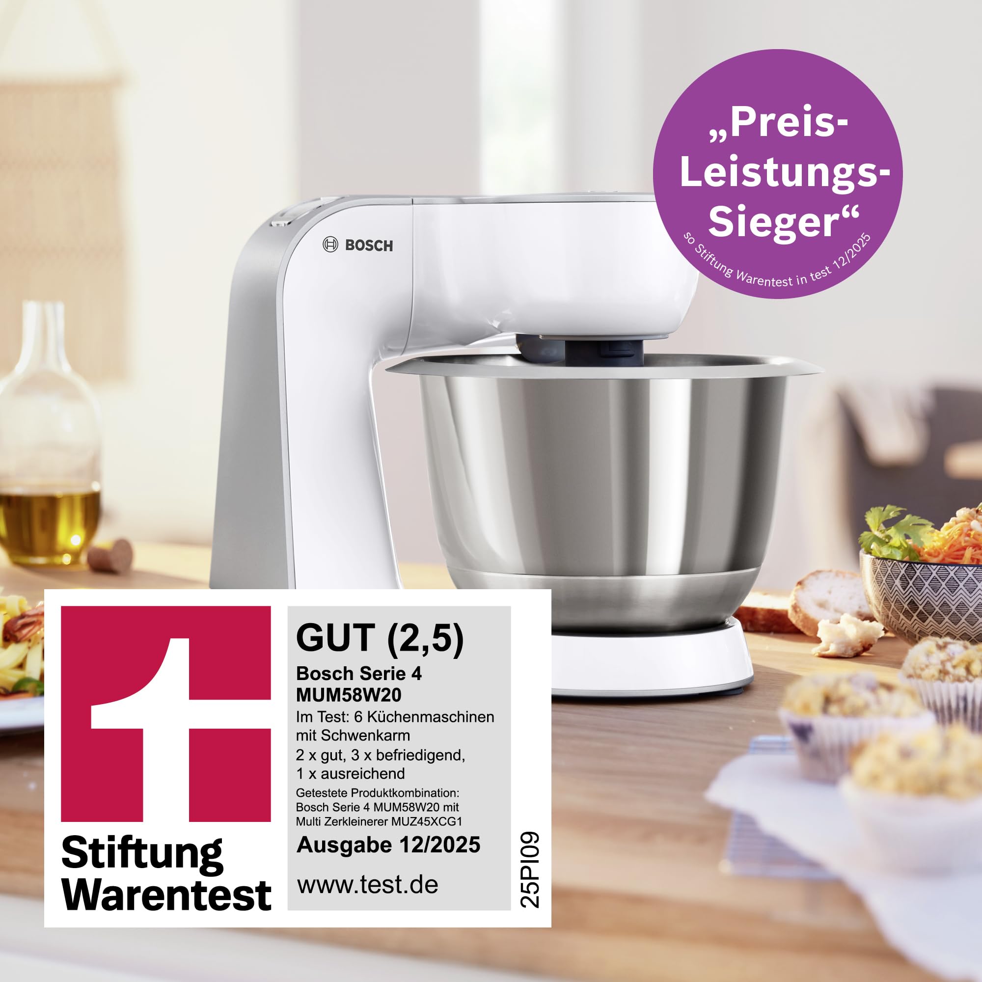 Bosch Küchenmaschine Serie 4, Edelstahl-Schüssel 3,9 L, Knethaken, Schlag- und Rührbesen Edelstahl spülmaschinenfest, Mixer 1,25 L, Durchlaufschnitzler, 3 Scheiben, 1000 W, Weiß, MUM58W20